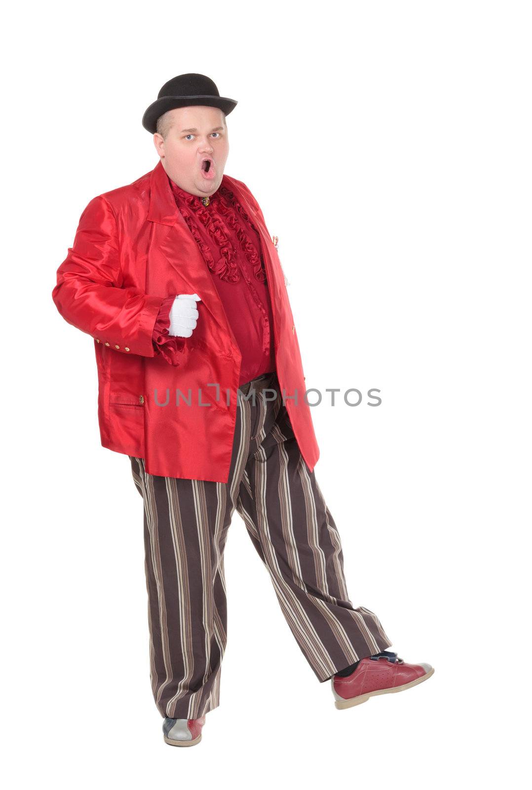 Obese man in a red costume and bowler hat by Discovod