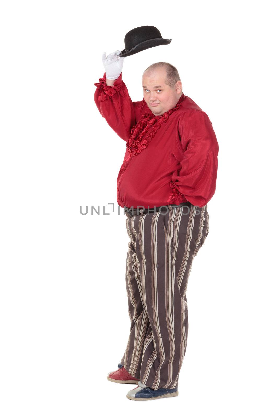 Very fat man in a red entertainer's costume and bowler hat, isolated on white