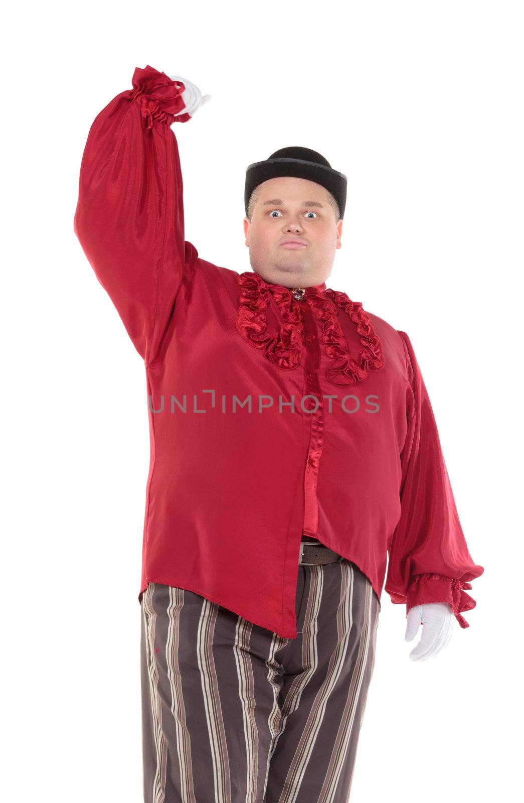 Obese man in a red costume and bowler hat by Discovod