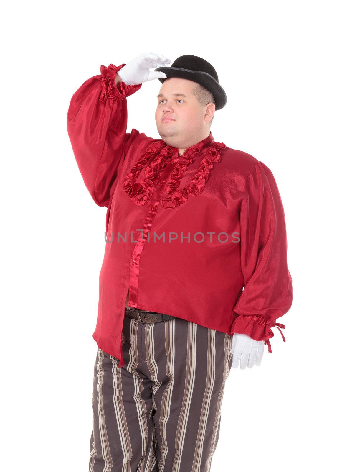 Very fat man in a red entertainer's costume and bowler hat, isolated on white