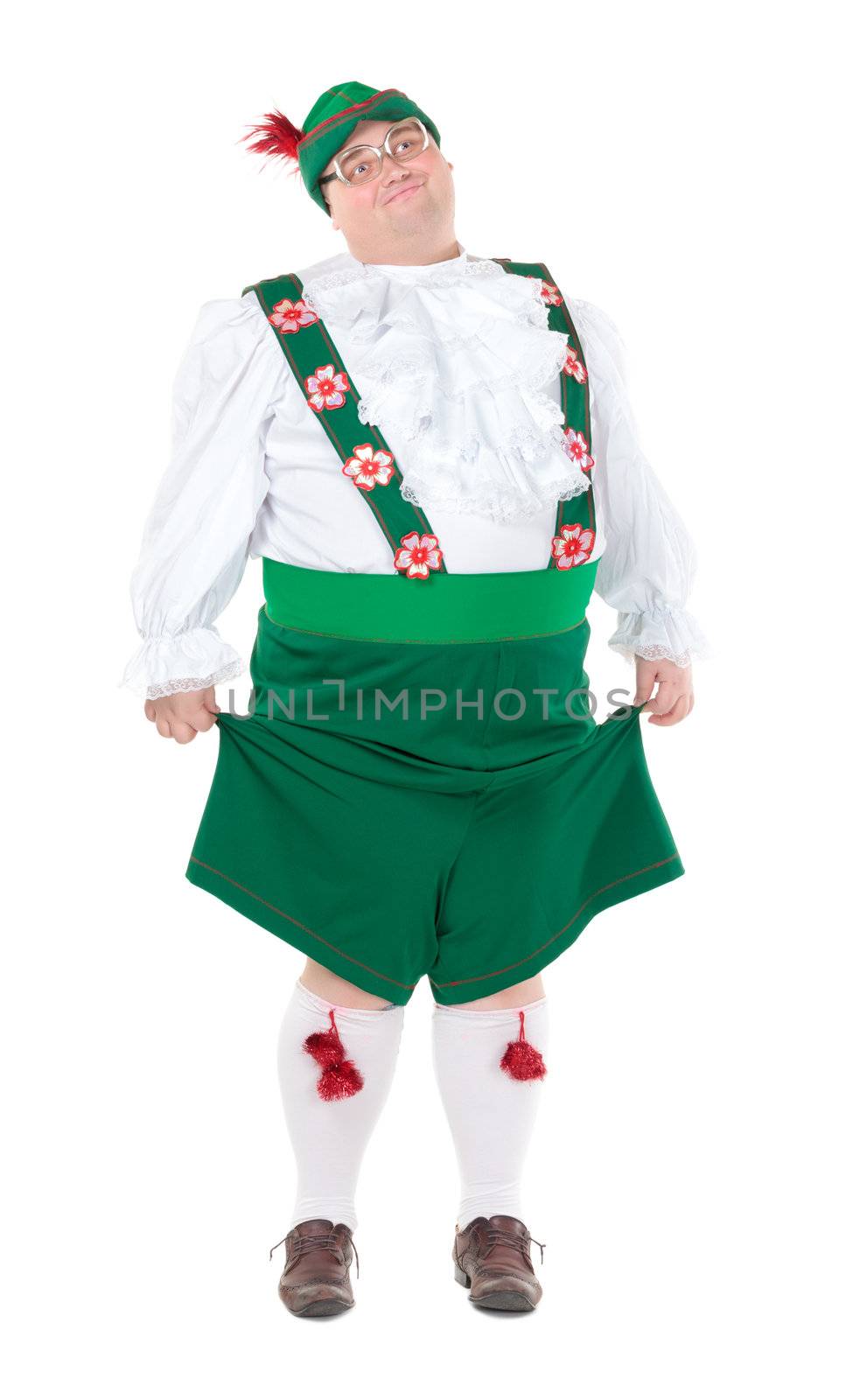 Funny fat man wearing traditional German Bavarian clothes, isolated on white