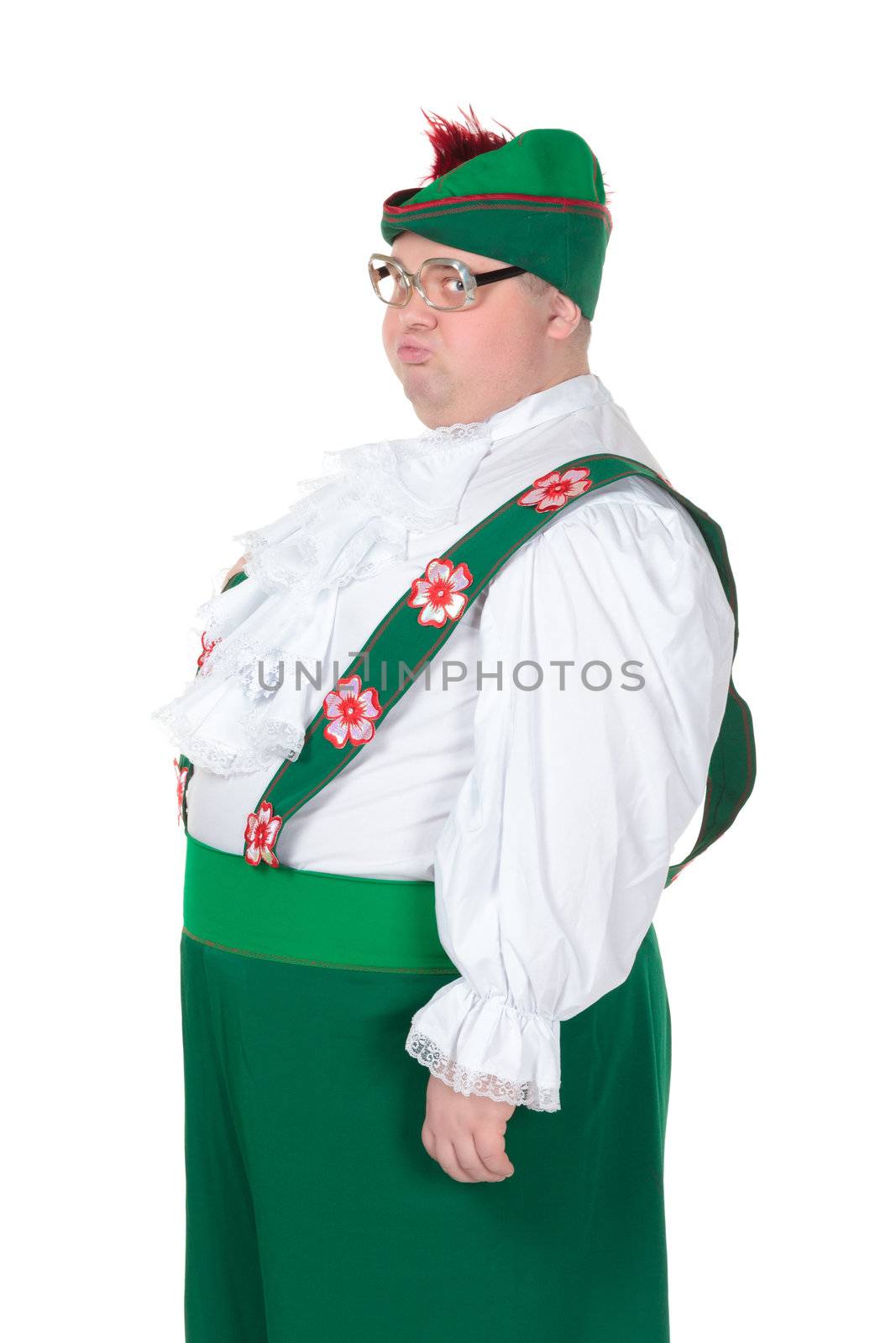 Funny fat man wearing traditional German Bavarian clothes, isolated on white