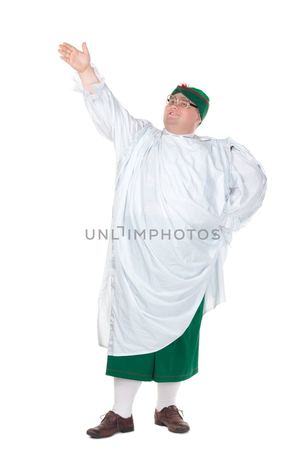 Funny fat man wearing traditional German Bavarian clothes, isolated on white