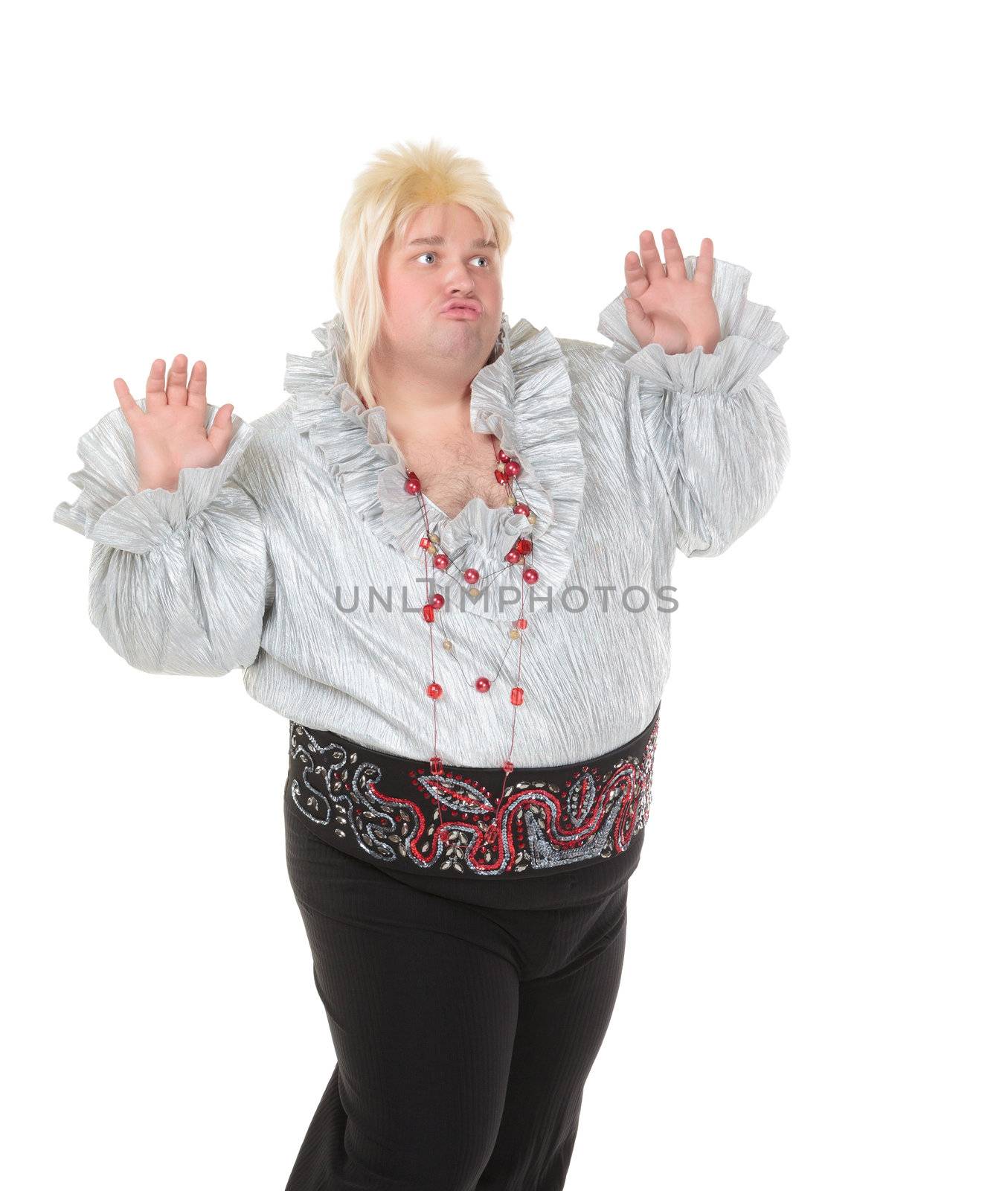 Crazy funny fat man posing wearing a blonde wig and traditional clothes, on white