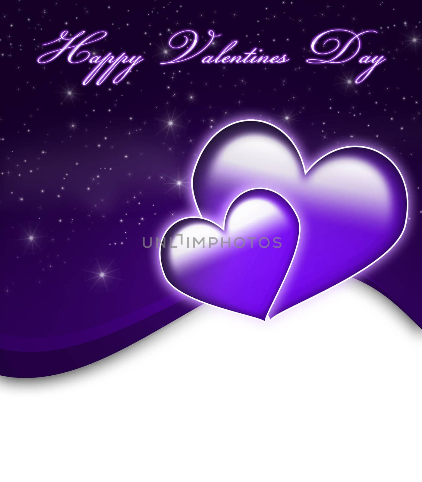 Valentines Day Card with Happy Valentines Day text and two big hearts - all in purple