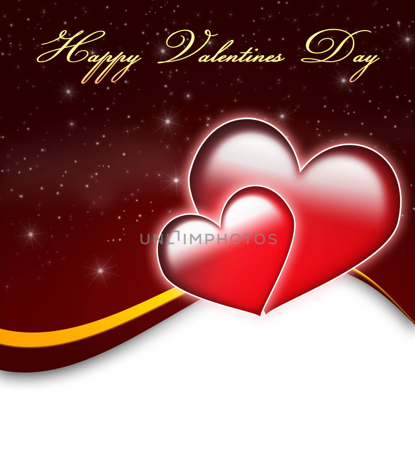 Valentines Day Card with Happy Valentines Day text and two big hearts - all in red and gold