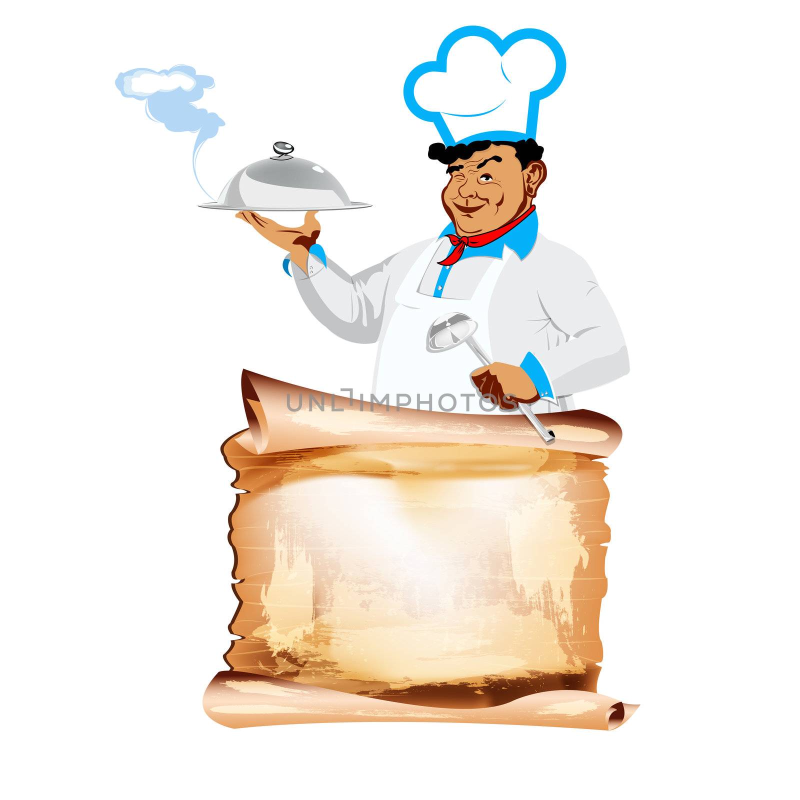 Funny Chef and menu. Food for gourmet