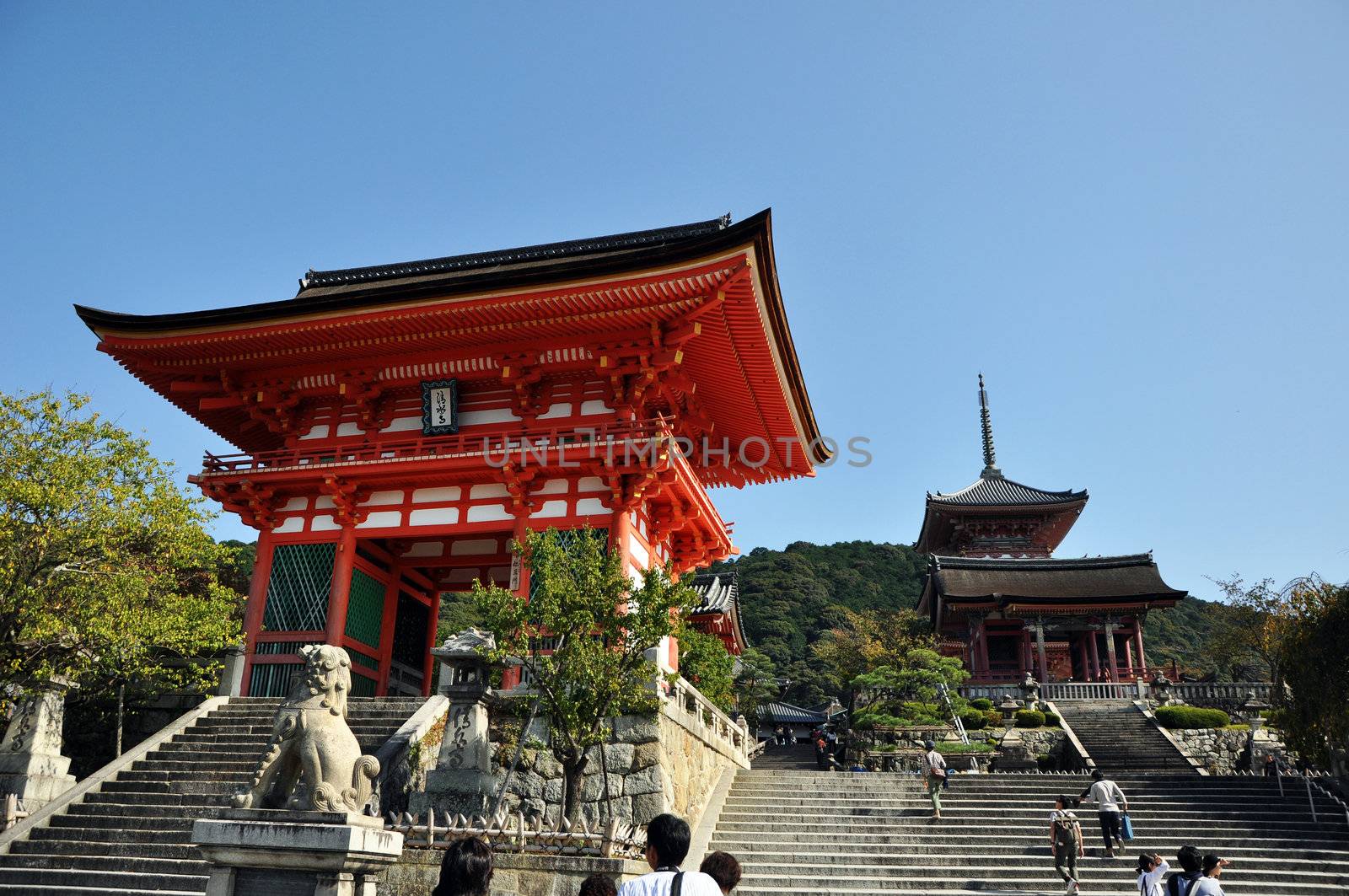 KYOTO- OCT 21: Entrance of Kyomizu Temple against blue sky on October 21, 2012 in Kyoto, Japan. Here, built in 1633 and, is one of the most famous landmark of Kyoto with UNESCO World Heritage. 