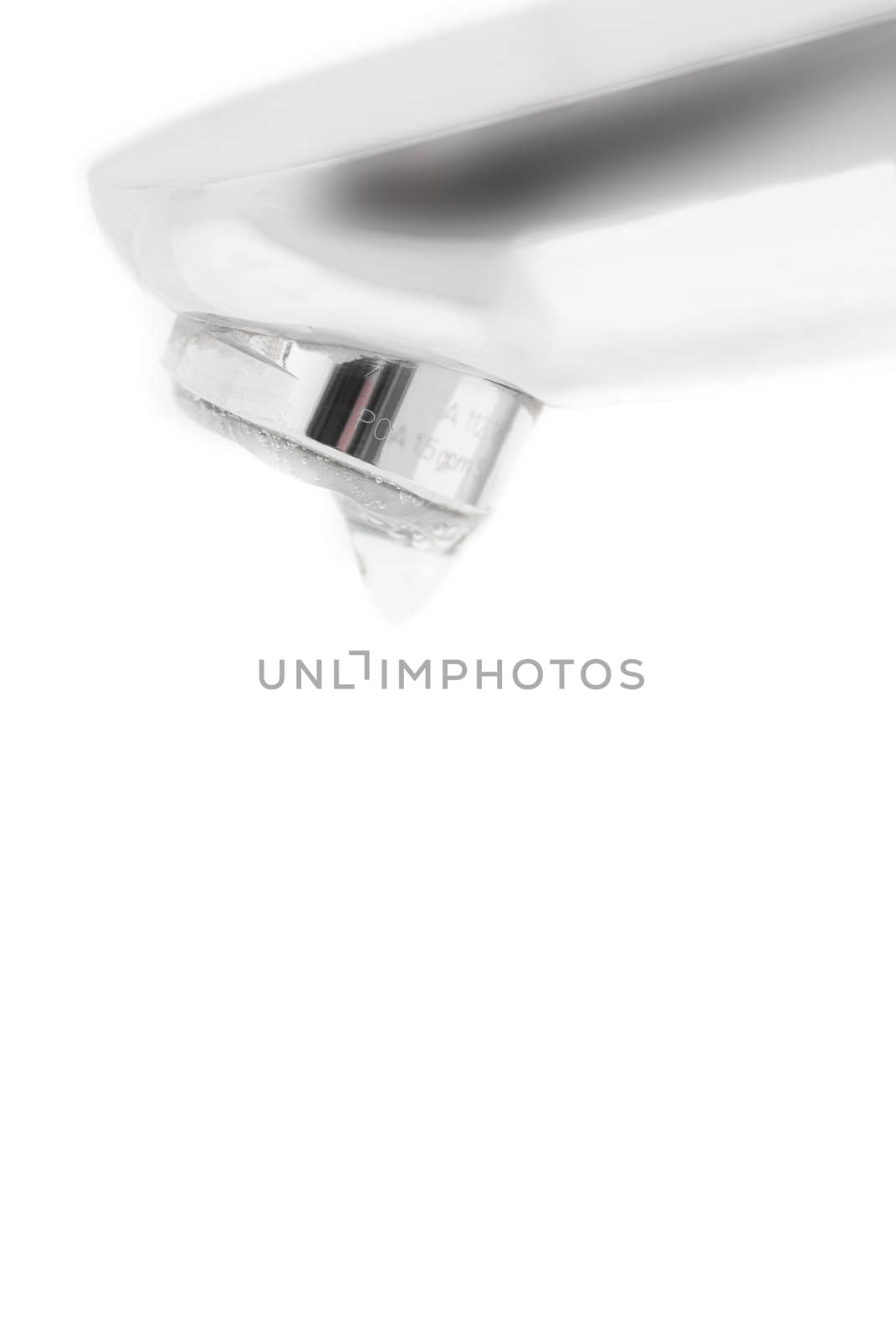 Macro photo of chrome tap. White background.