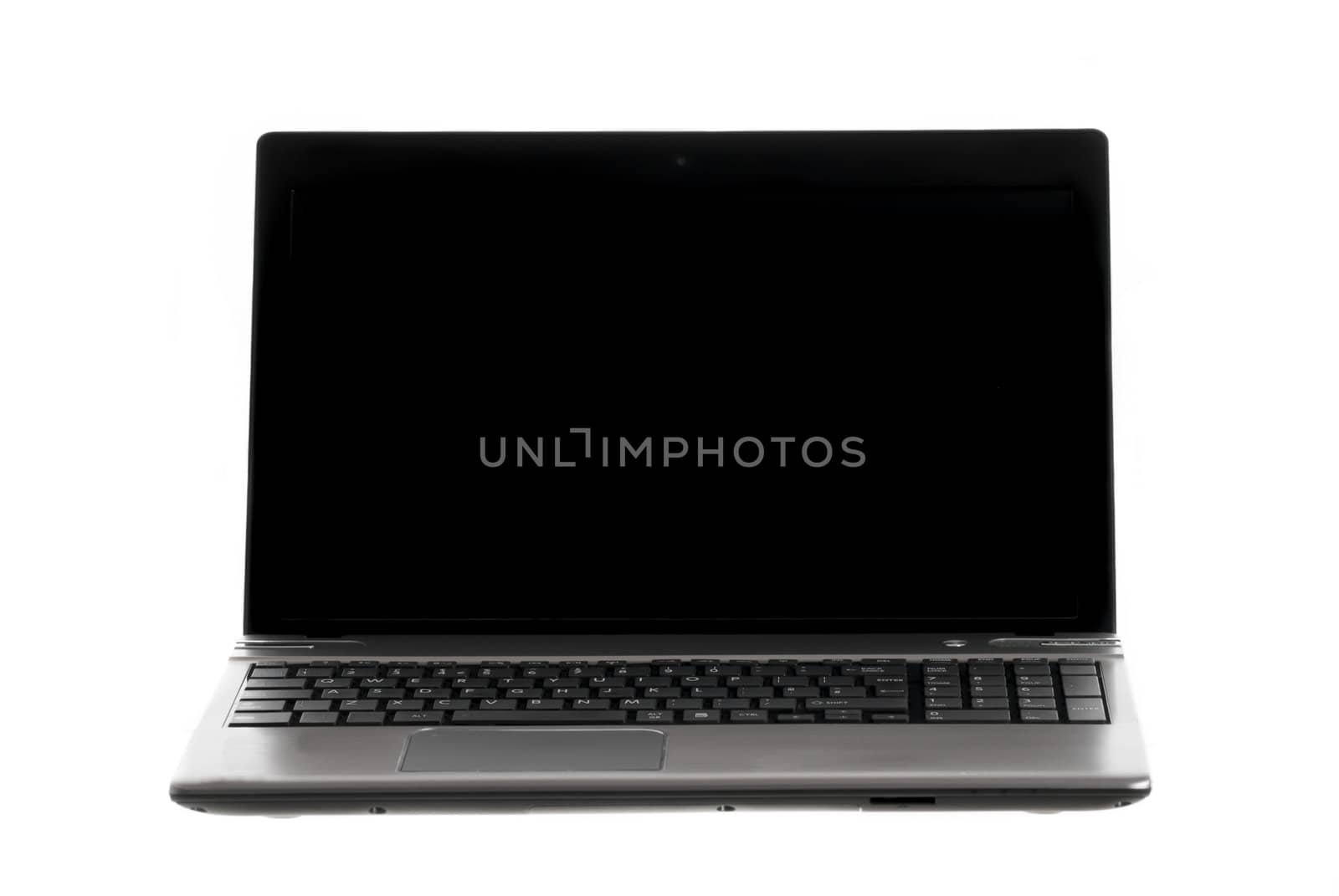 Silver laptop with blank, black screen on white background.