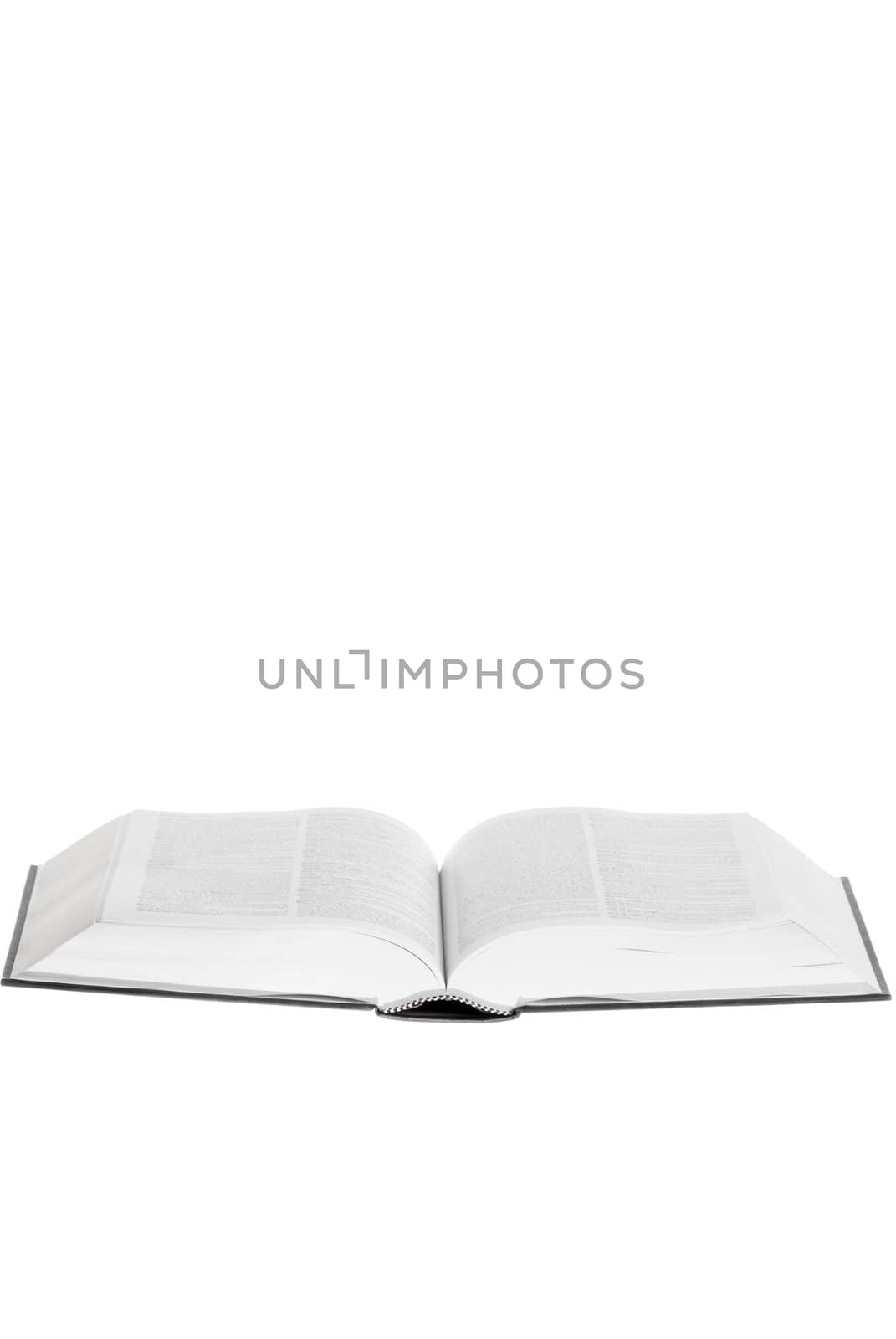 Large book open against white background.