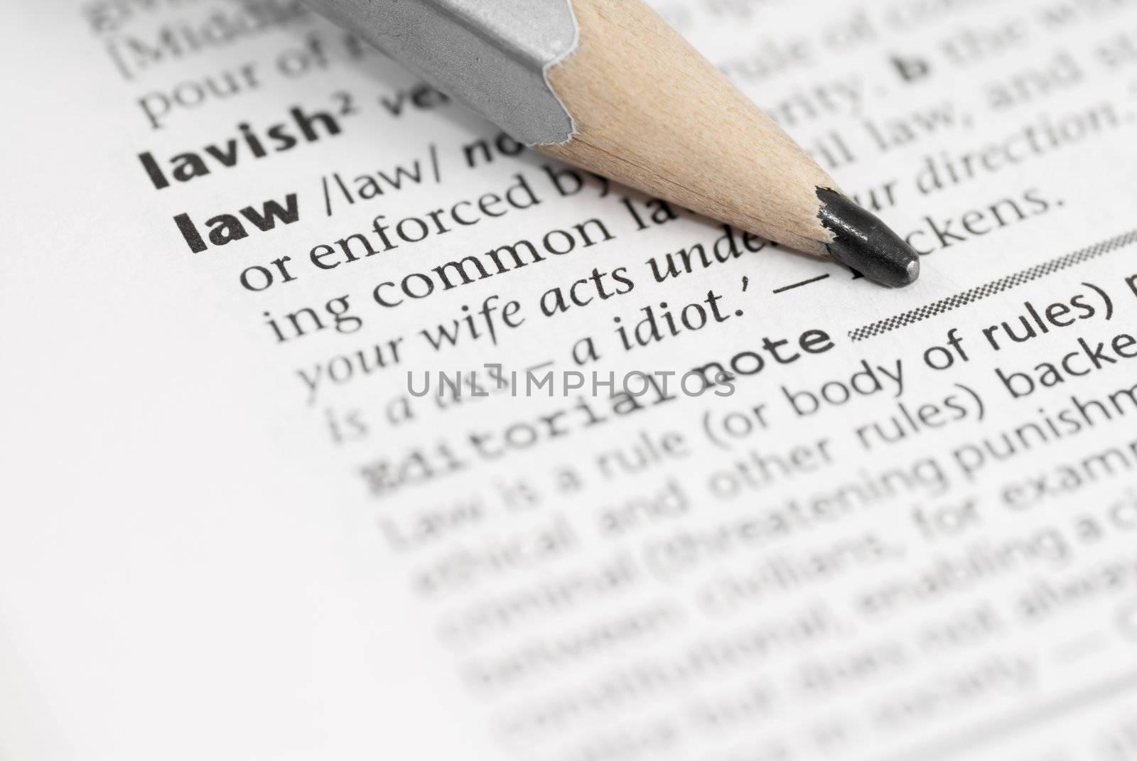 Macro image of dictionary word: Law, and pencil.