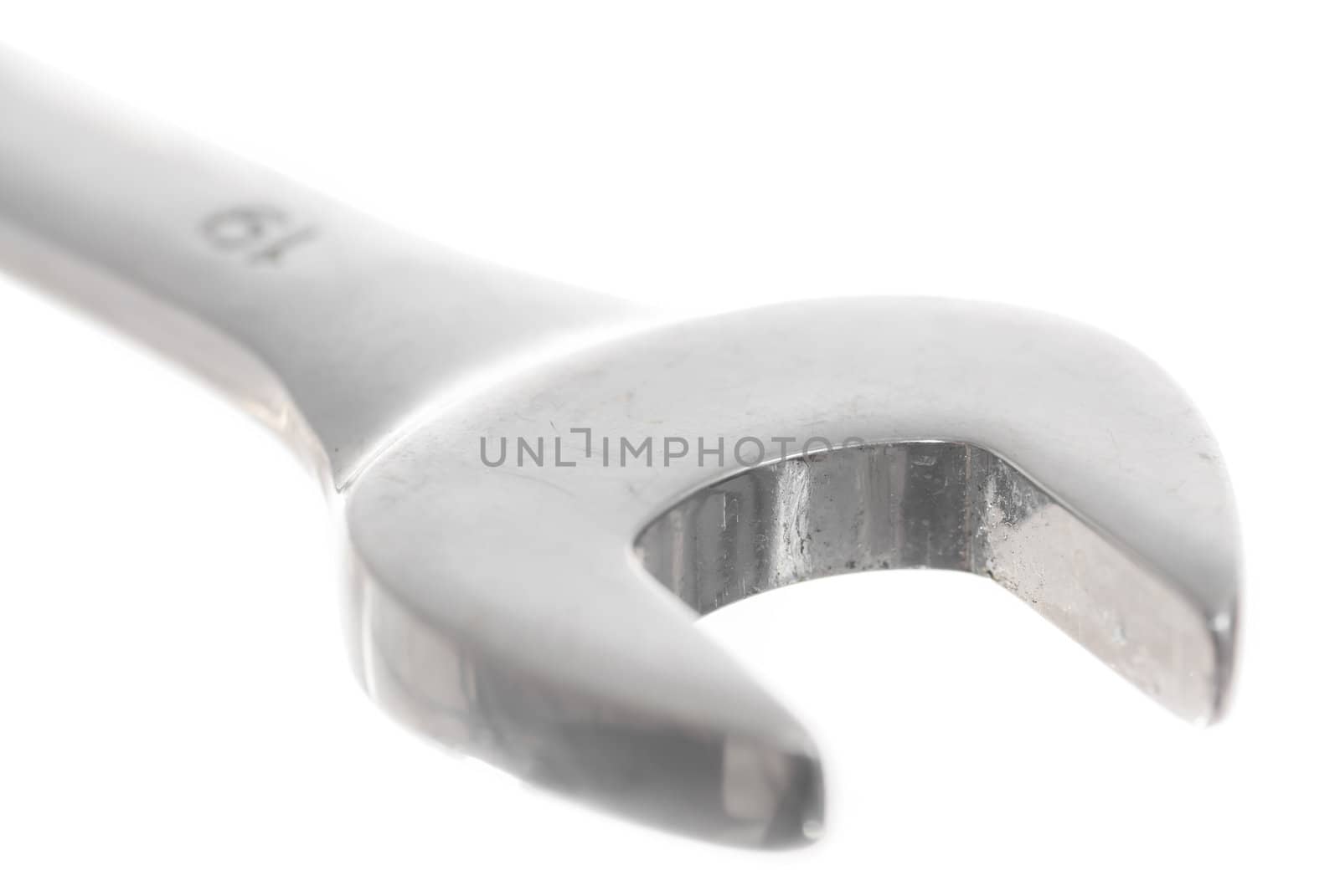 Detail of 19mm Spanner, white background.