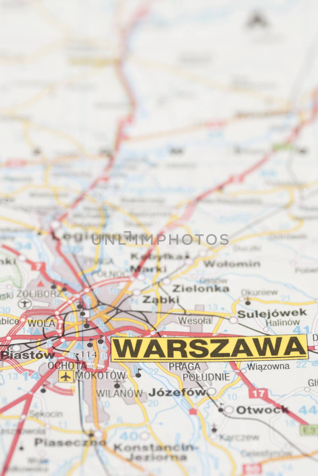 Macro images of Warsaw (Warszawa, Poland) on map.