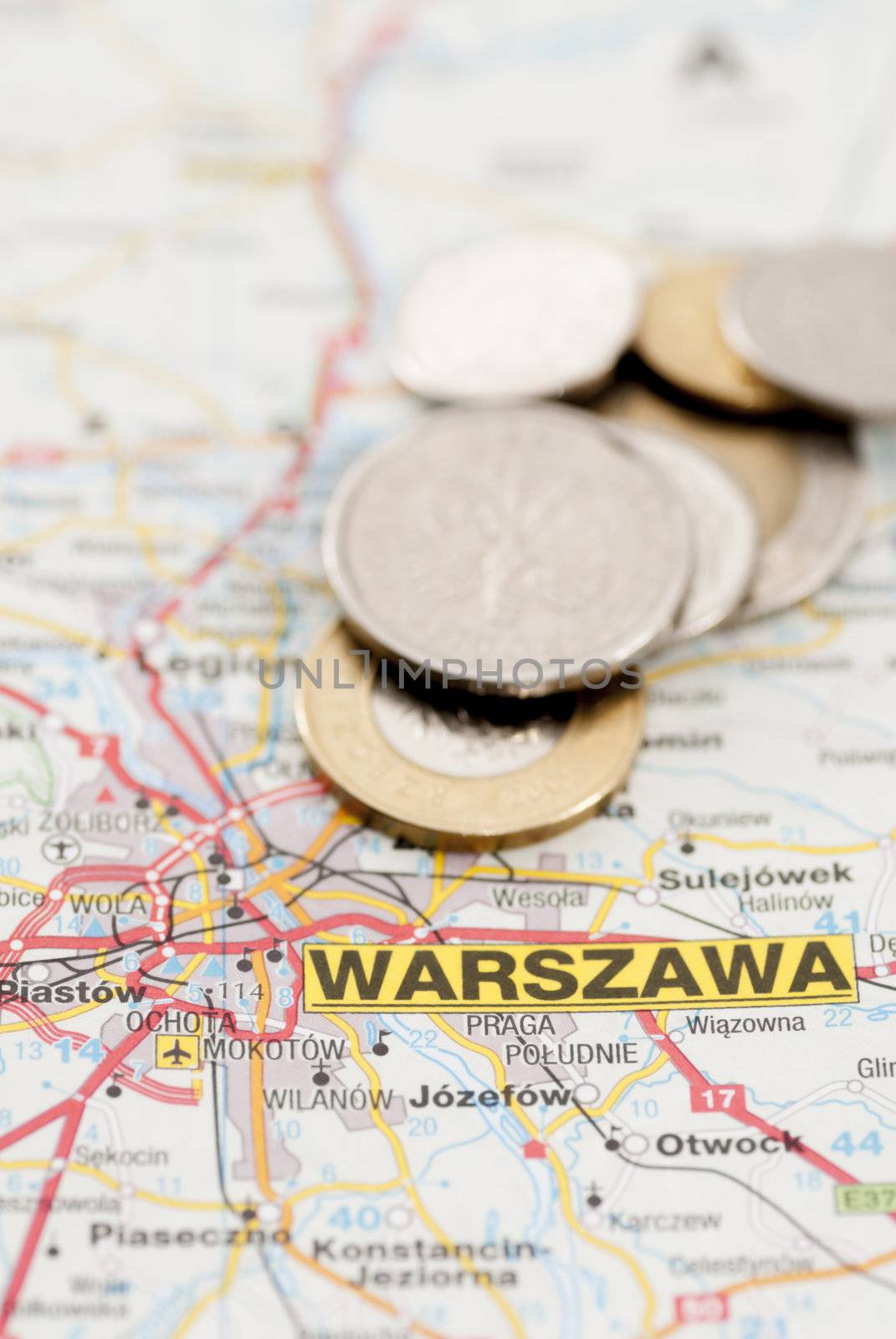 Polish Zloty currency on map marked Warsaw (Warszawa)