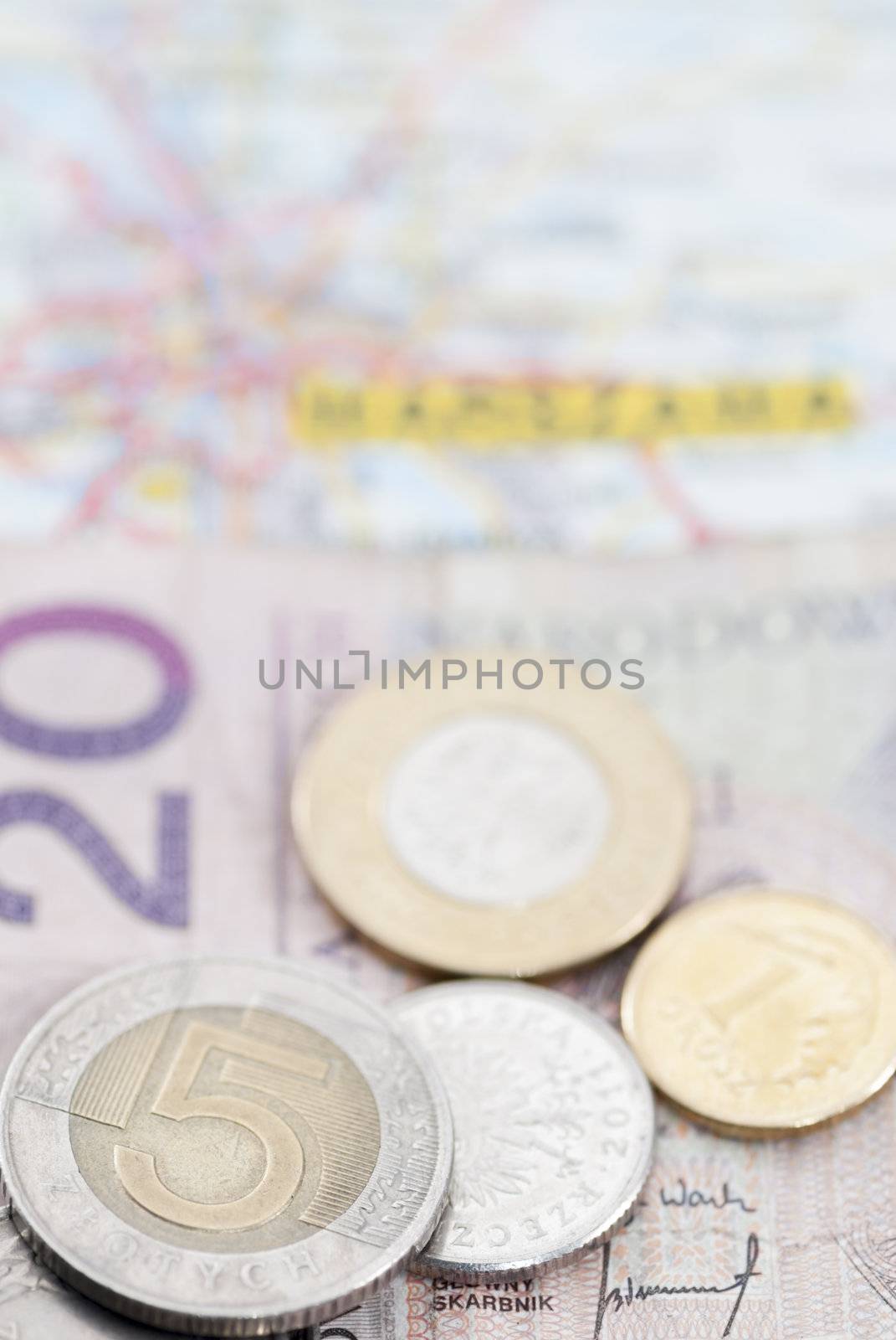 Polish Zloty currency on map marked Warsaw (Warszawa)