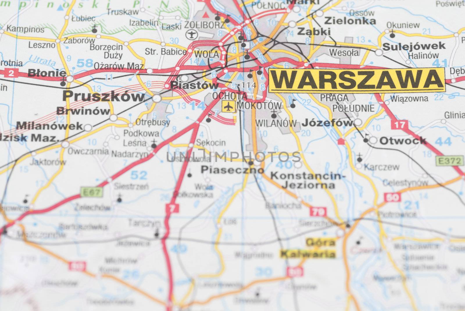 Macro images of Warsaw (Warszawa, Poland) on map.