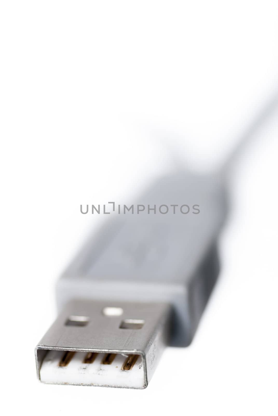 Macro image of one USB connector on white background.