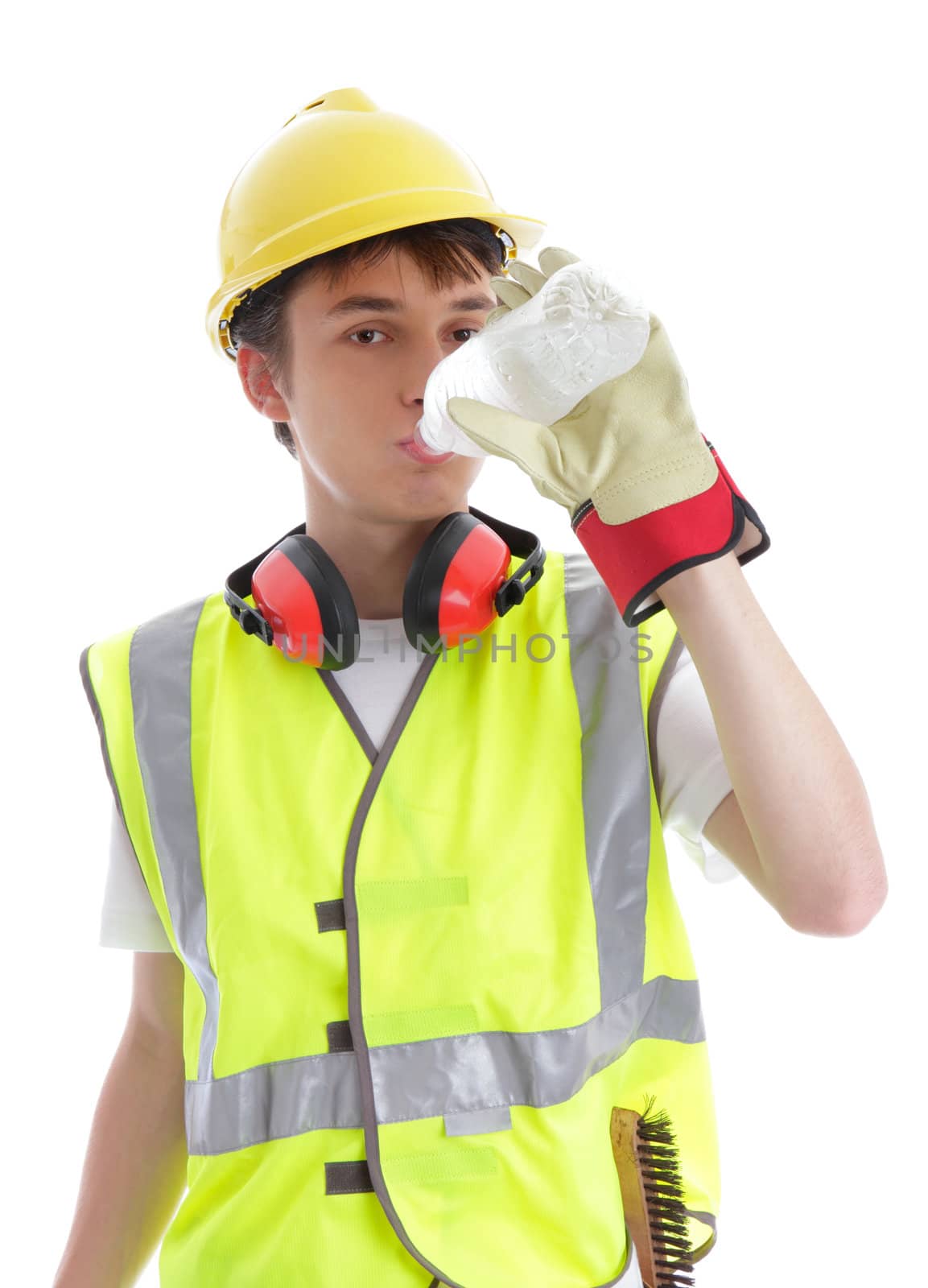 Apprentice trainee builder construction worker drinking ice cold water.  White background.