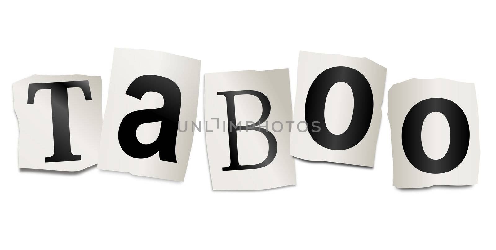 Illustration depicting cutout printed letters arranged to form the word taboo.