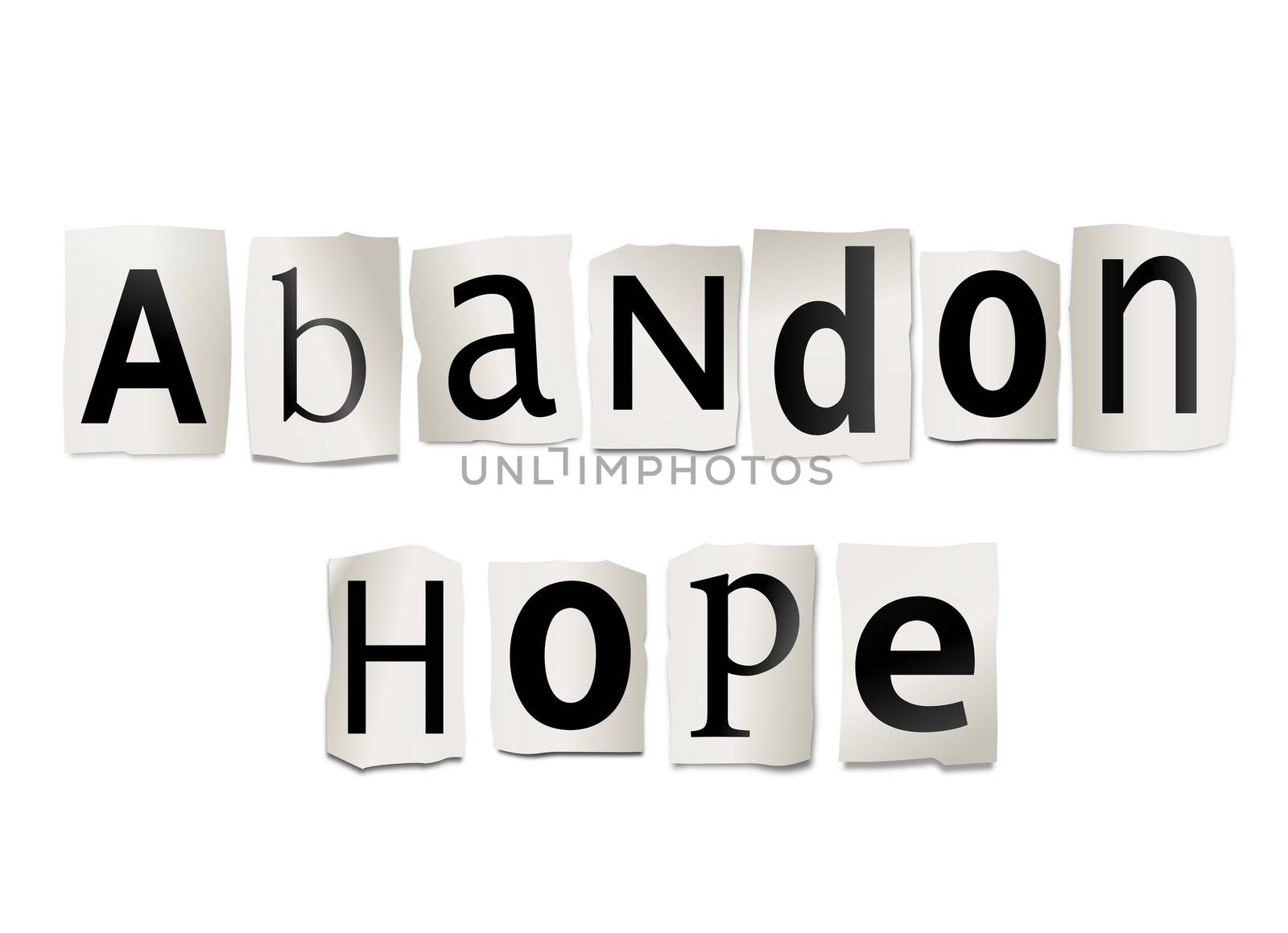 Illustration depicting cutout printed letters arranged to form the words abandon hope.