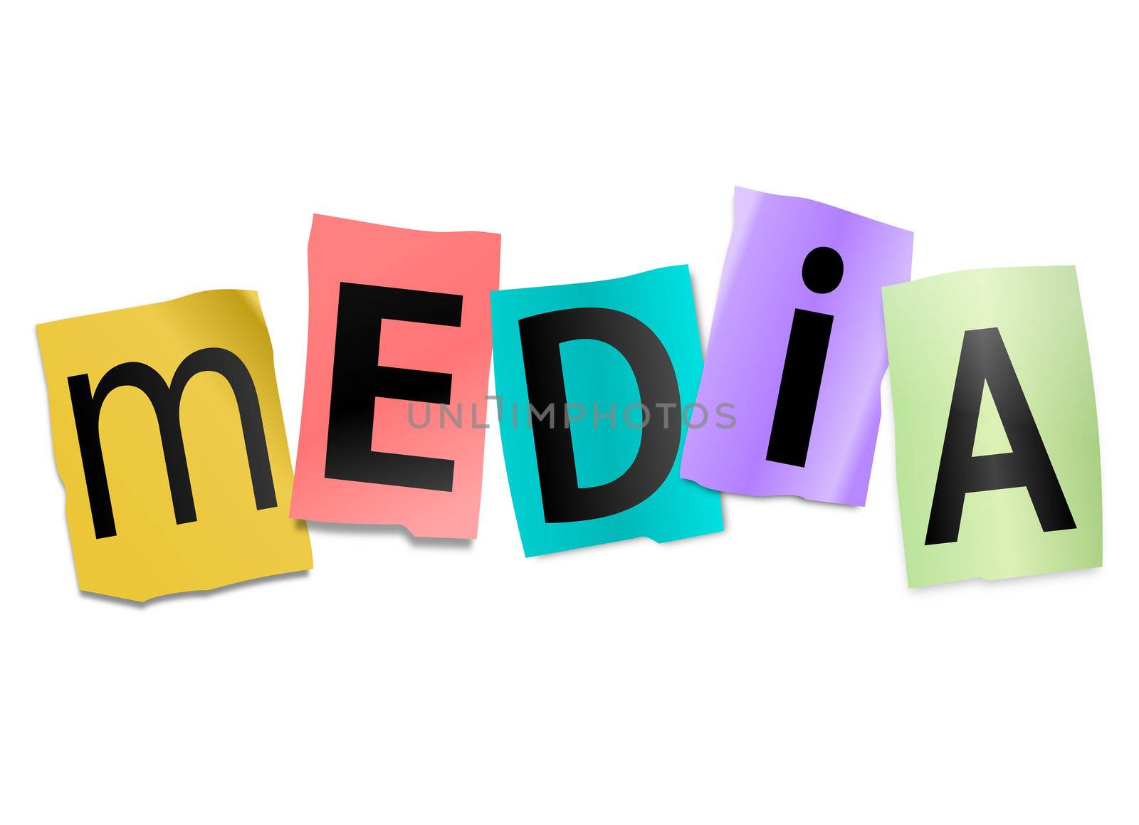 Illustration depicting cutout printed letters arranged to form the word media.
