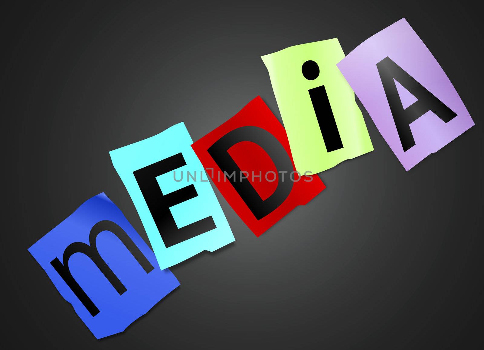 Illustration depicting cutout printed letters arranged to form the word media.