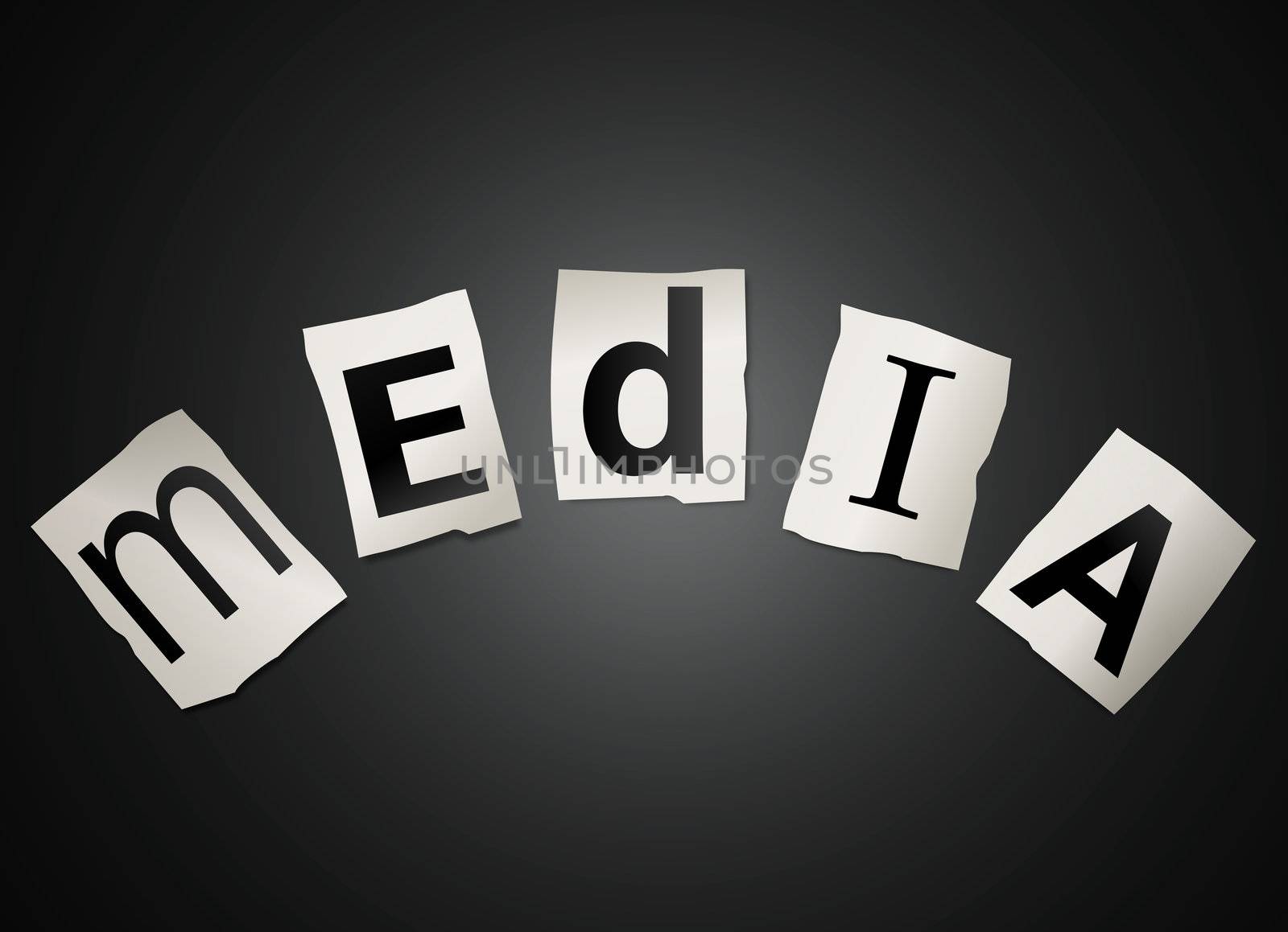 Illustration depicting cutout printed letters arranged to form the word media.