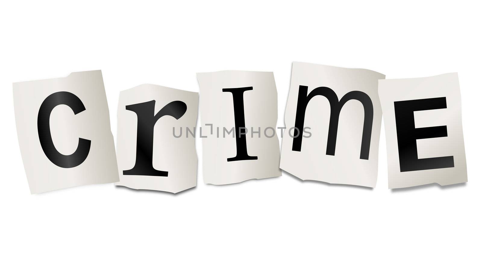 Illustration depicting cutout printed letters arranged to form the word crime.