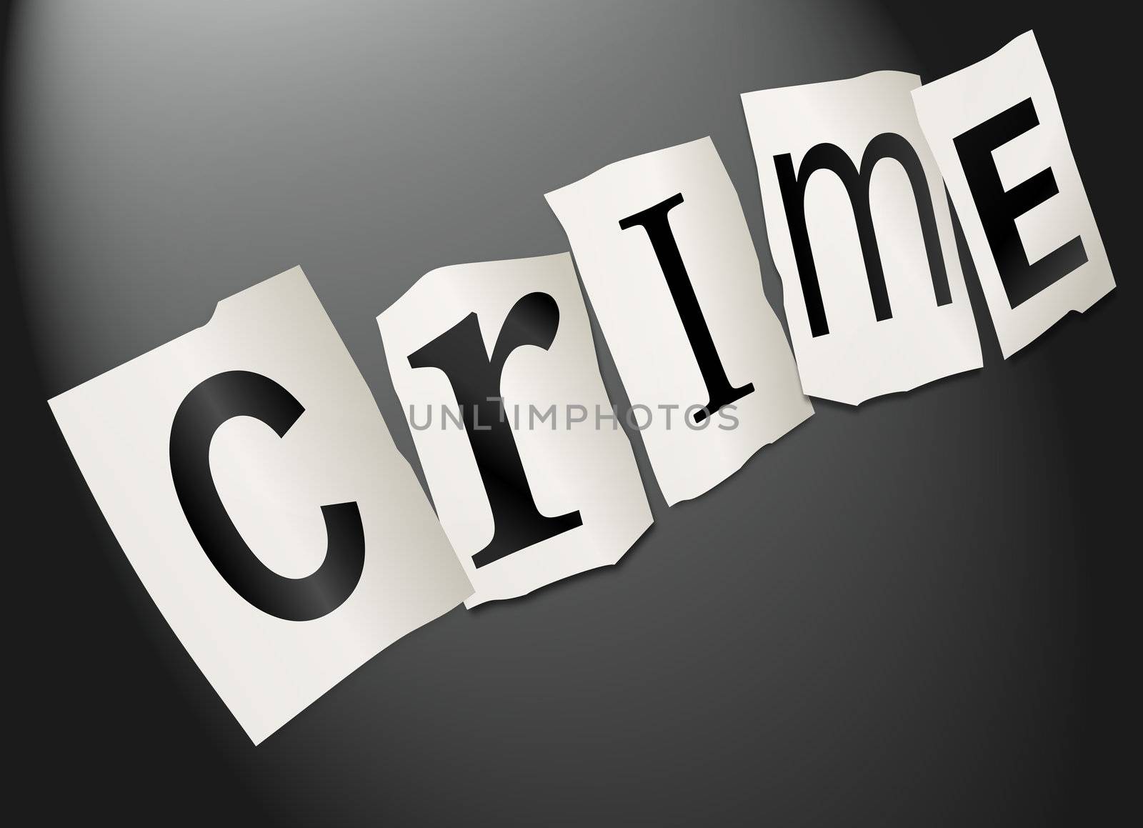 Illustration depicting cutout printed letters arranged to form the word crime.