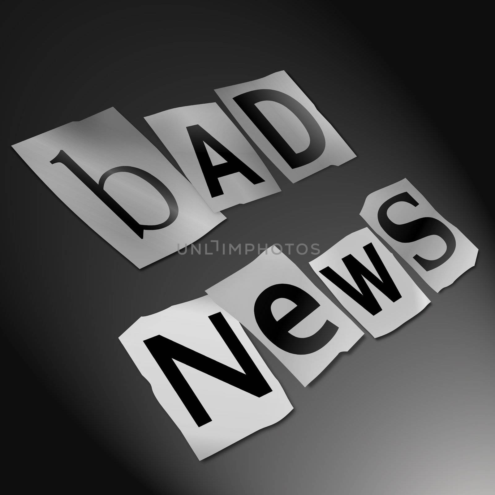 Illustration depicting cutout printed letters arranged to form the words bad news.