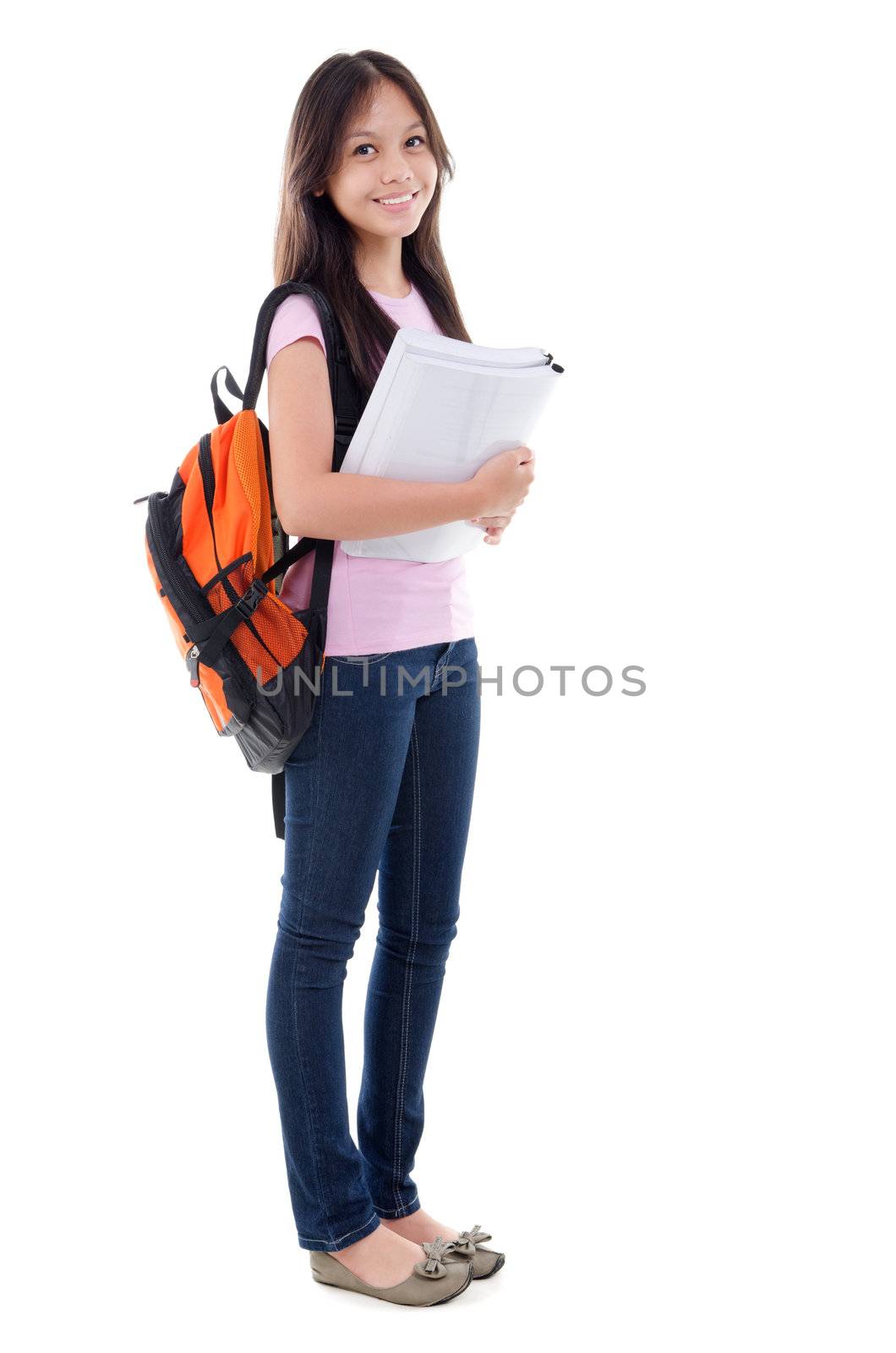 Mixed race pan Asian teen student with books standing on white 