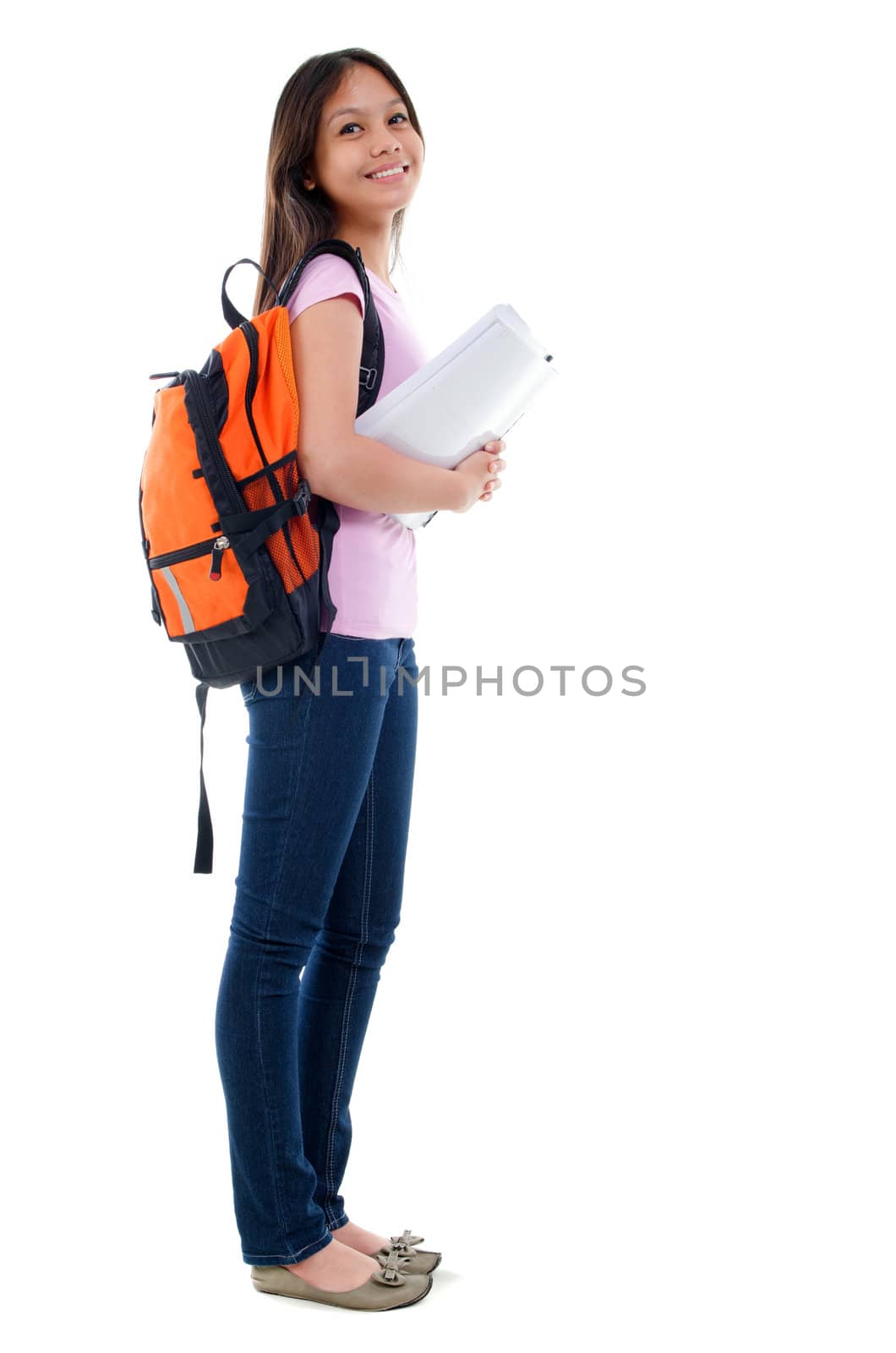 Full body Asian adult student. Beautiful Southeast Asian teen girl standing on white