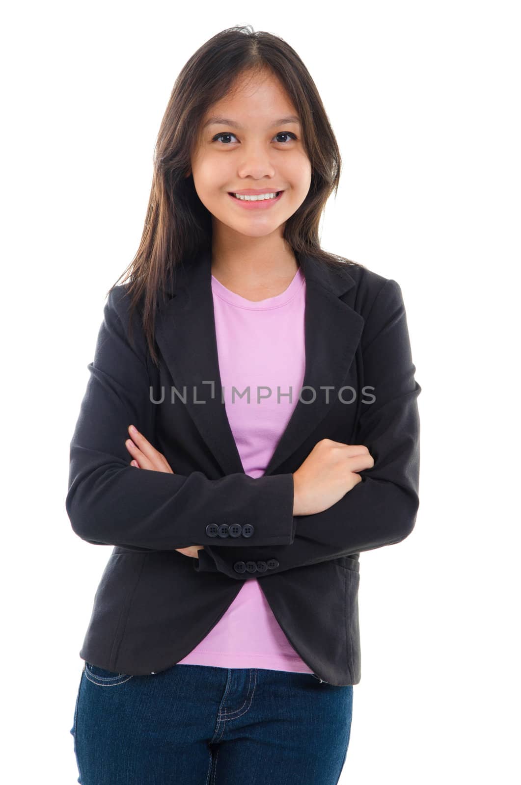 Mixed race college teen girl arms folded standing on white background