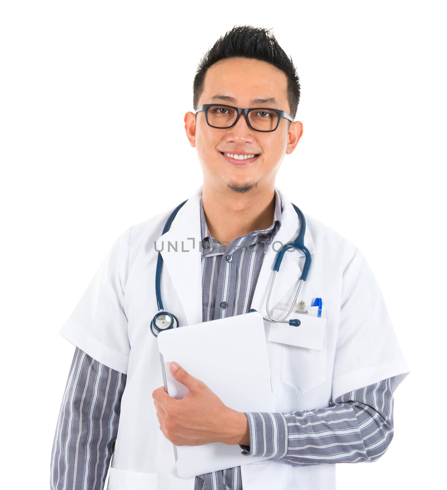 Southeast Asian medical doctor holding a tablet computer, smiling isolated white background