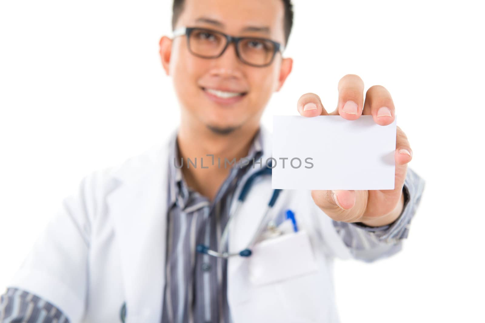 Southeast Asian medical male doctor showing his name card, isolated on white background