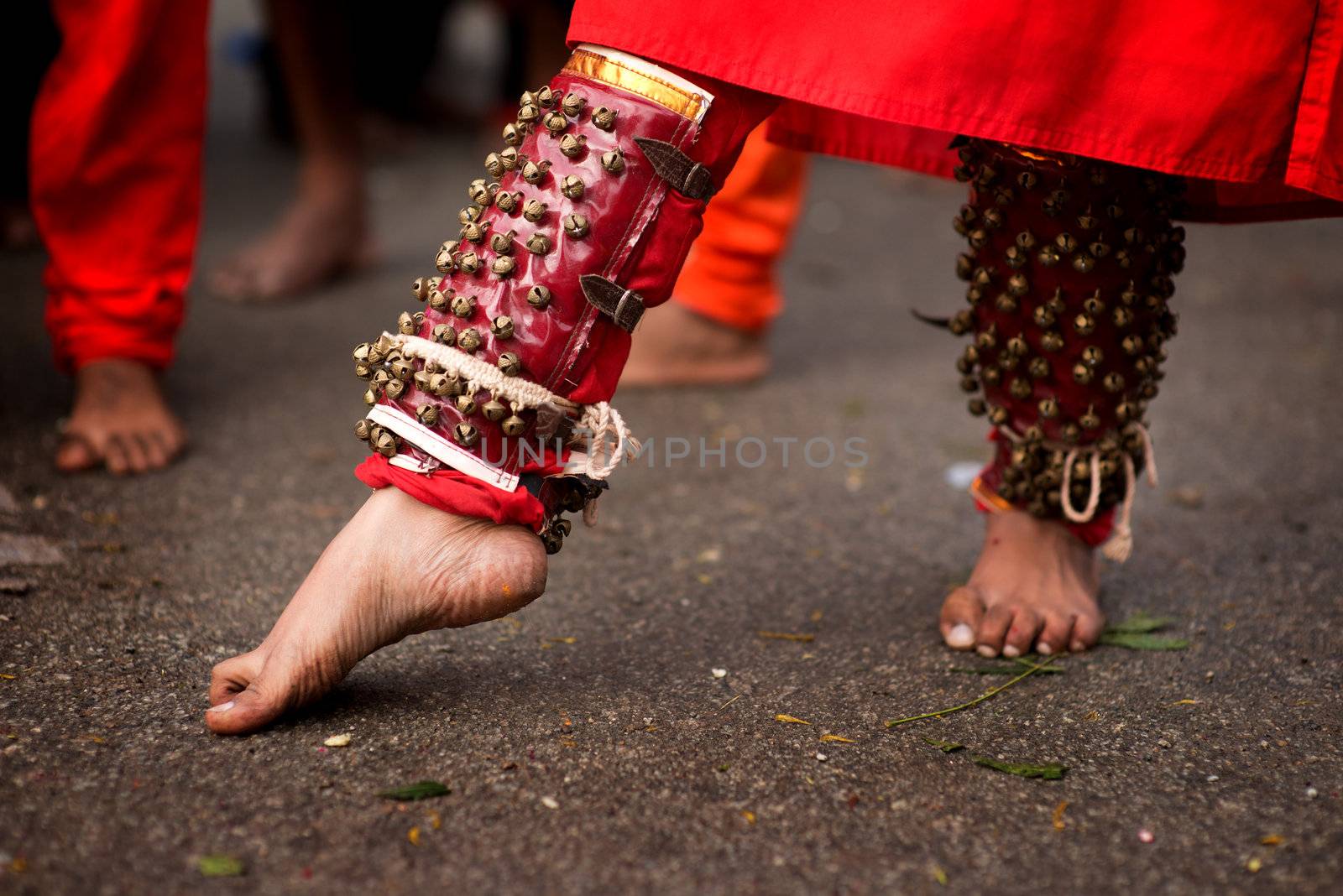 Close up of a devotee's leg at Thaipusam event celebrating Lord Murugan, Batu Caves, Kuala Lumpur, Malaysia
