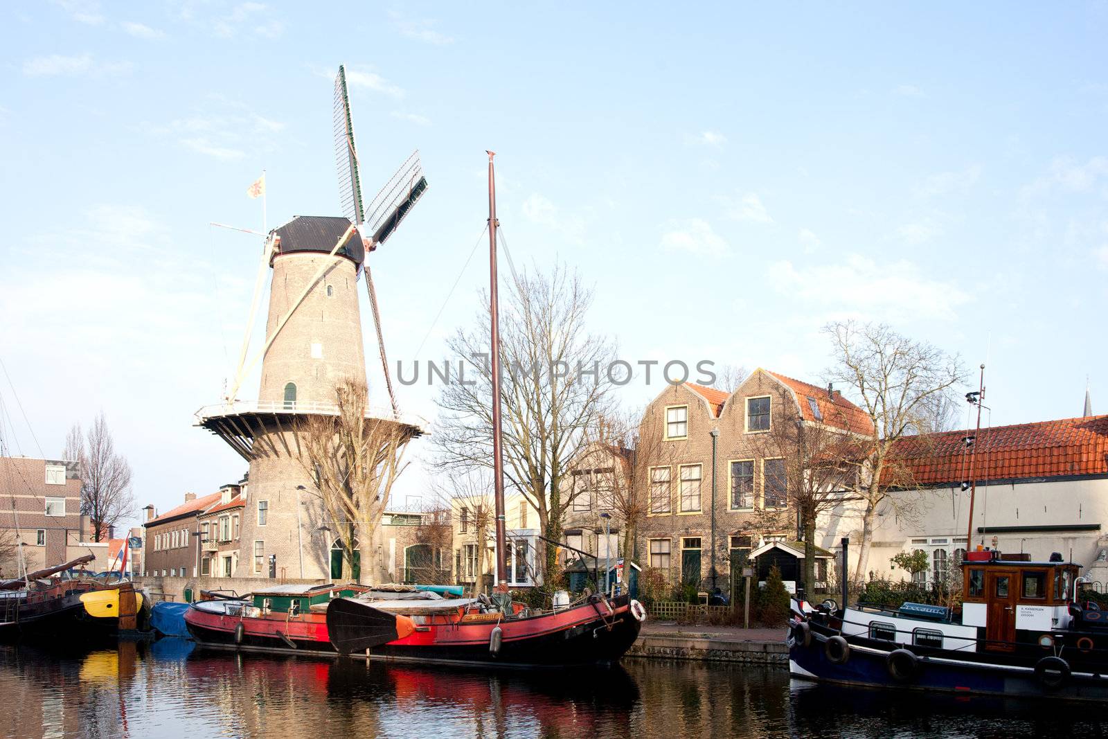 windmill Roode Leeuw and old harbour with wooden ships in Gouda
