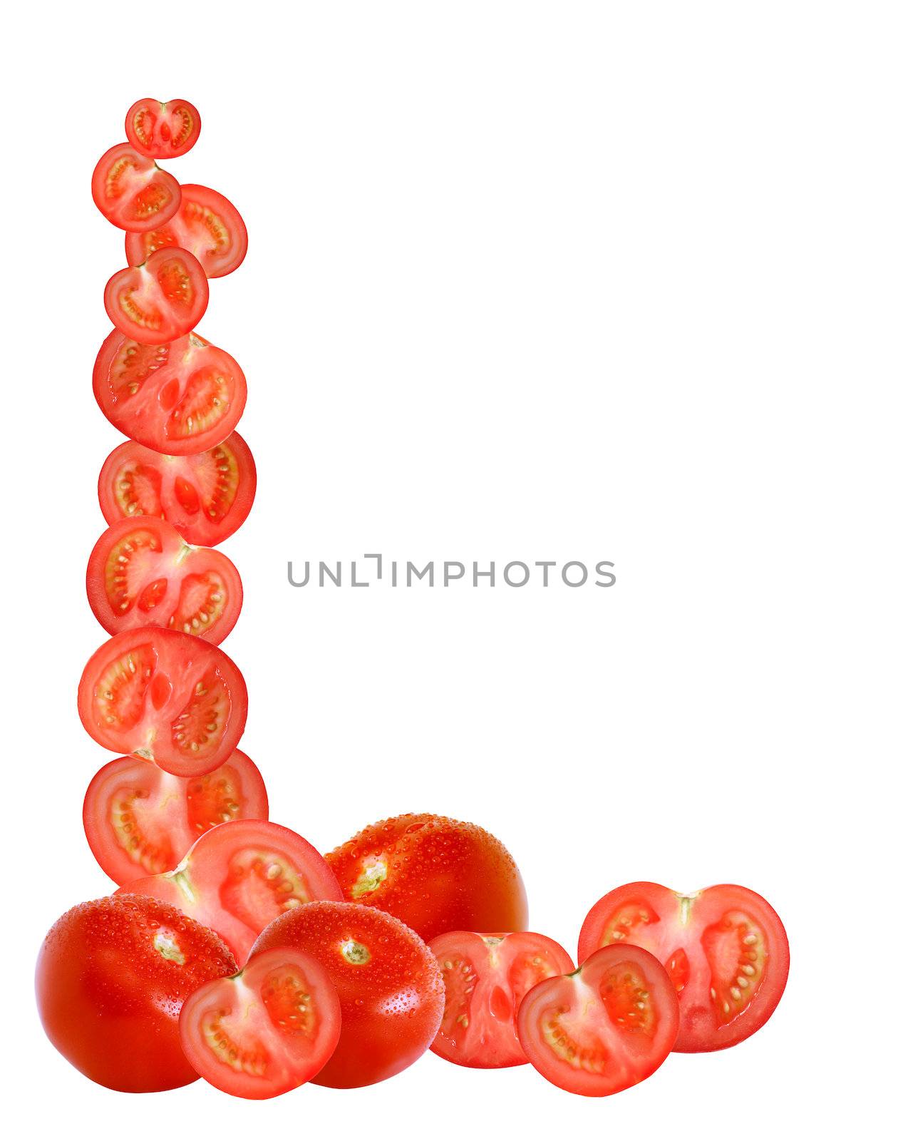 Border made from freshness sliced tomatoes on white background