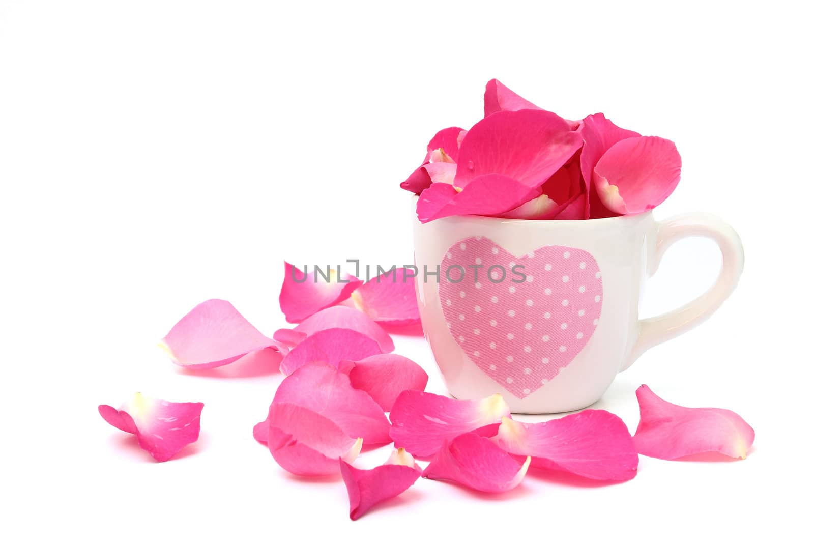 Cup full of rose petals on white background