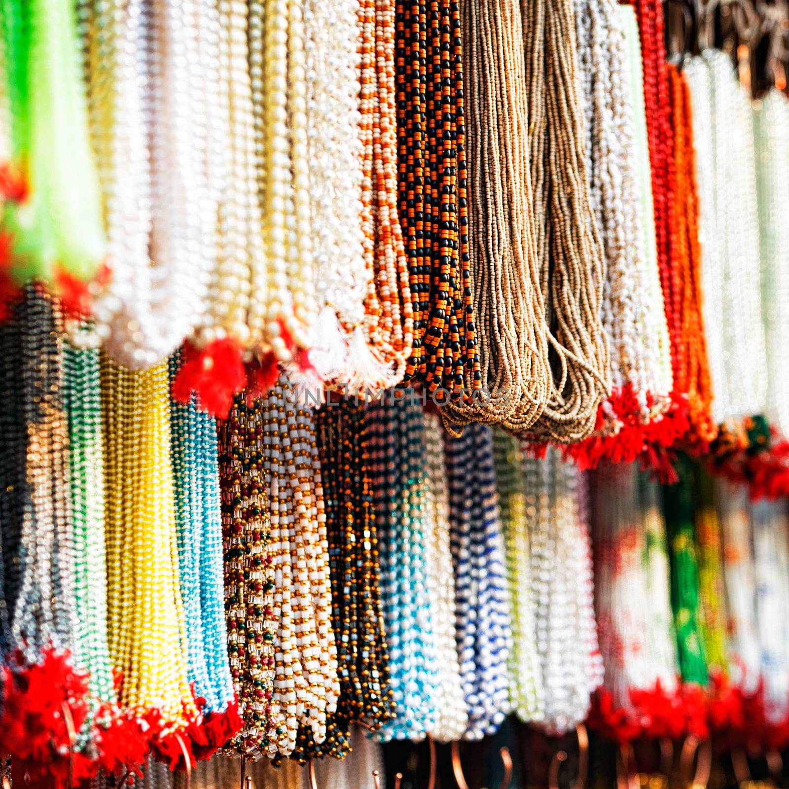 Indian beads in local market in Pushkar. Rajasthan, India, Asia