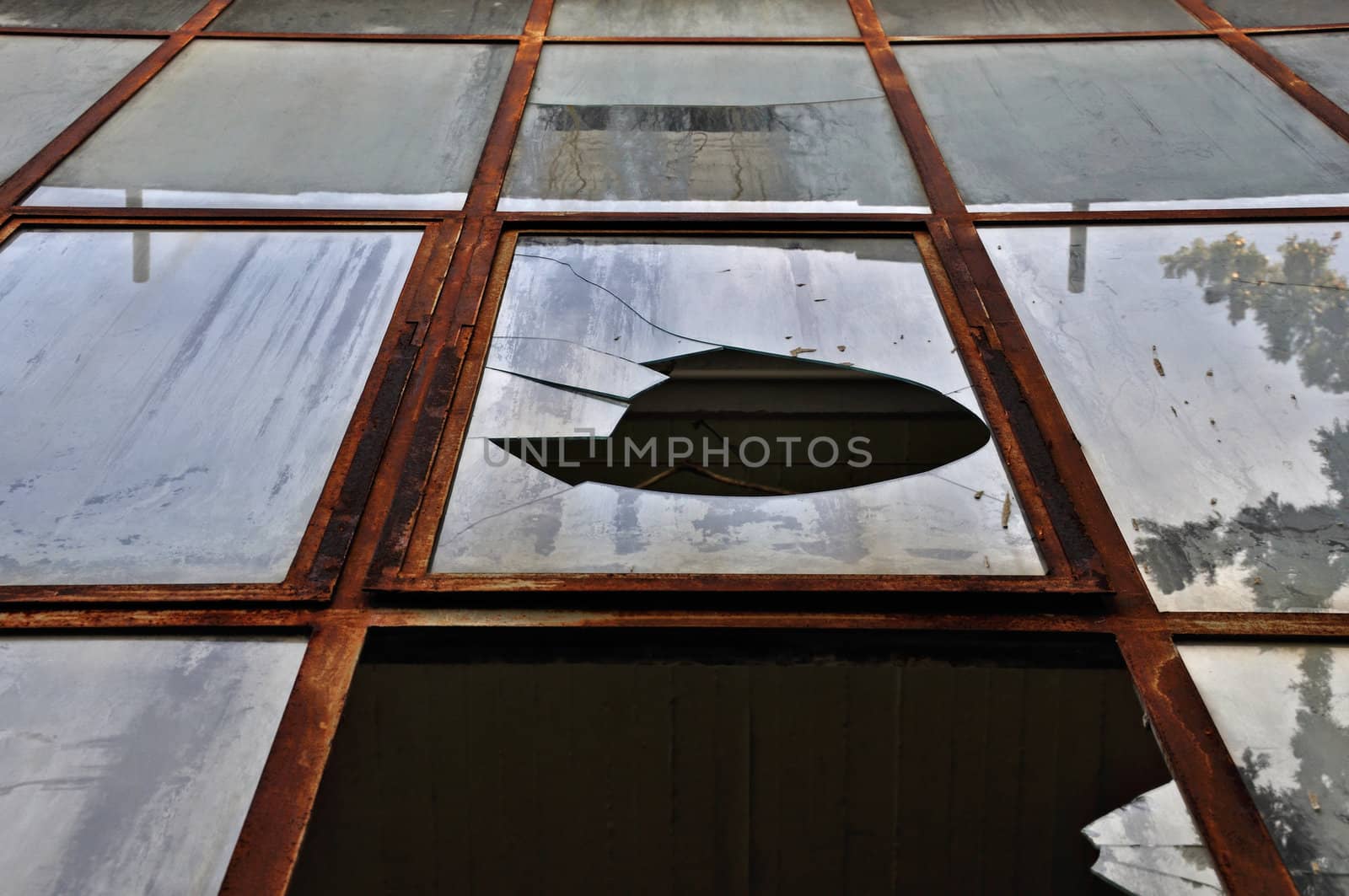 Broken windows with rusty metal frame. Abstract grunge background.