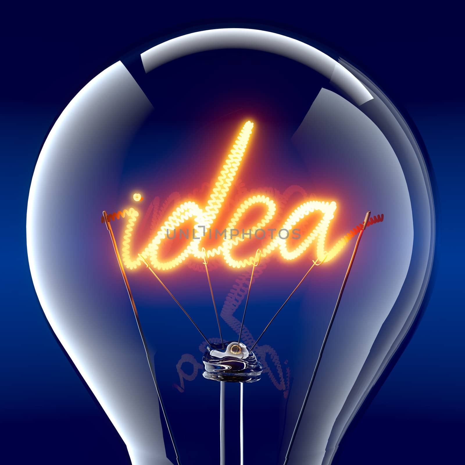 Tungsten spiral in the form of the word "idea" - a metaphor for creative energy, miraculously ignites inside a glass bulb