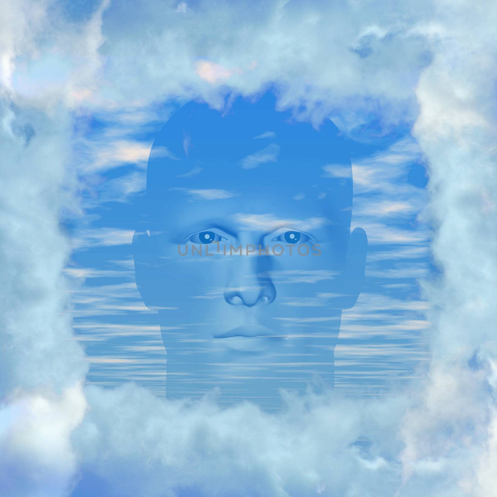 Man with head in the clouds. Digitally created 3d illustration.