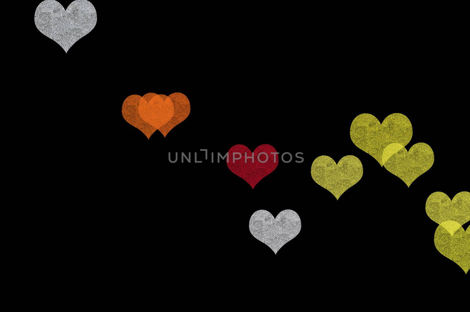 Colorful painted hearts on black background. Grunge abstract illustration.