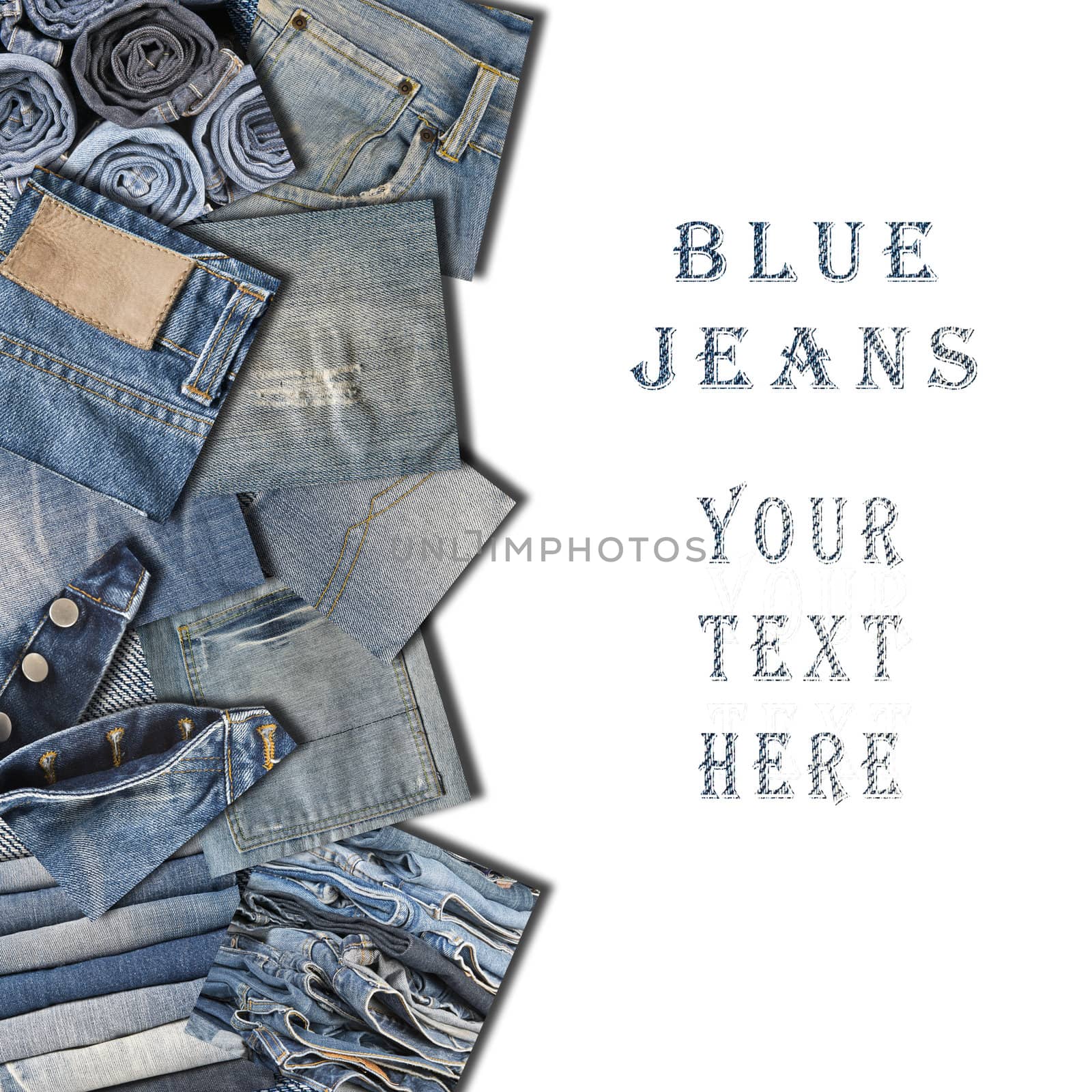 Collage made with square pieces of jeans on a white background with space for text.