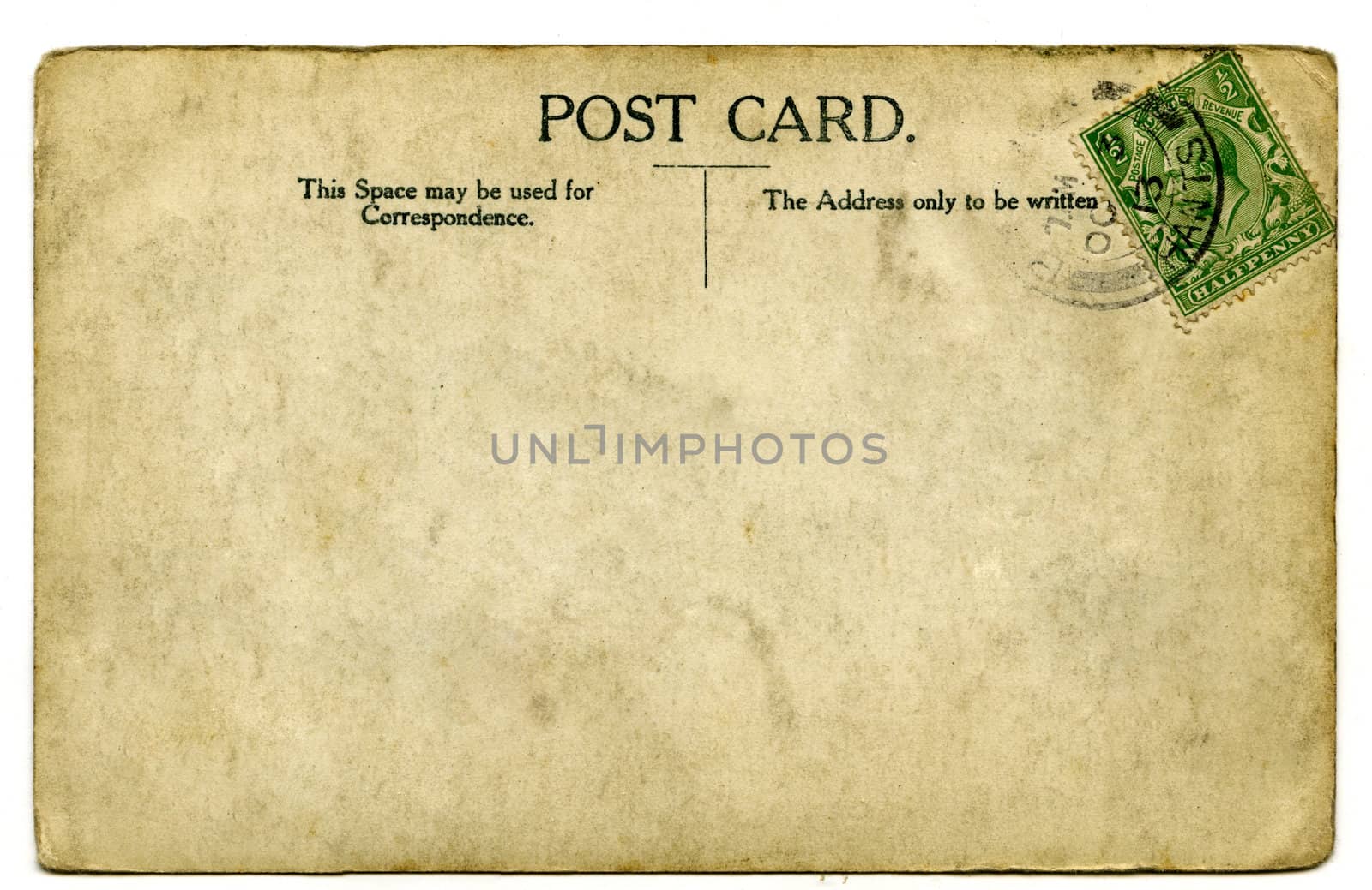 A vintage stamped postcard over a white background.