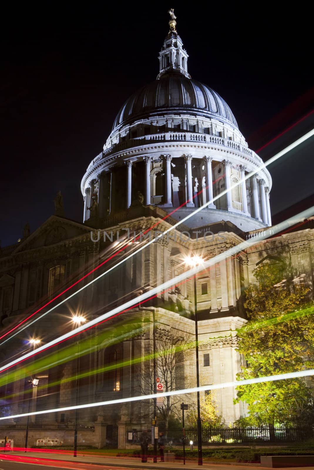 Light trails passing St. Paul's Cathedral in London.