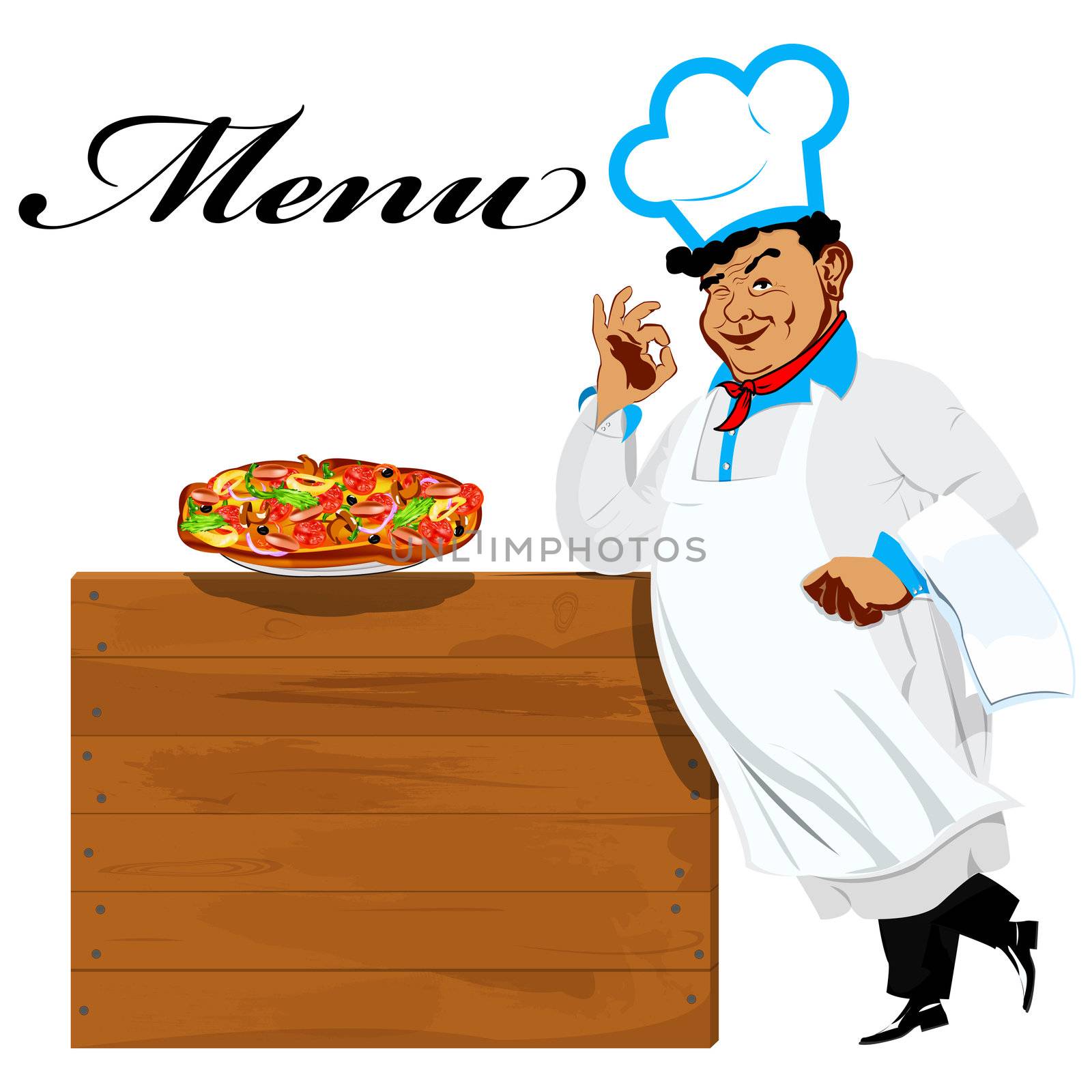 Funny Chef with traditional delicious Italian vegetable pizza and menu