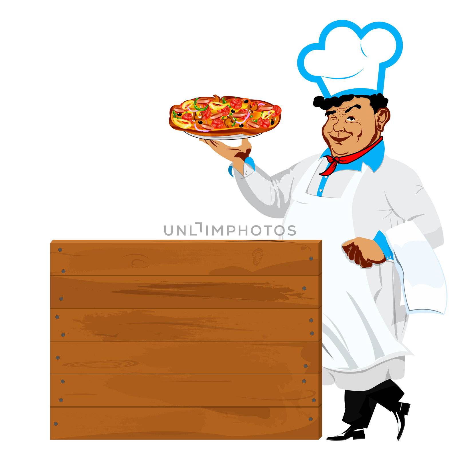 Funny Chef with traditional delicious Italian vegetable pizza and menu
